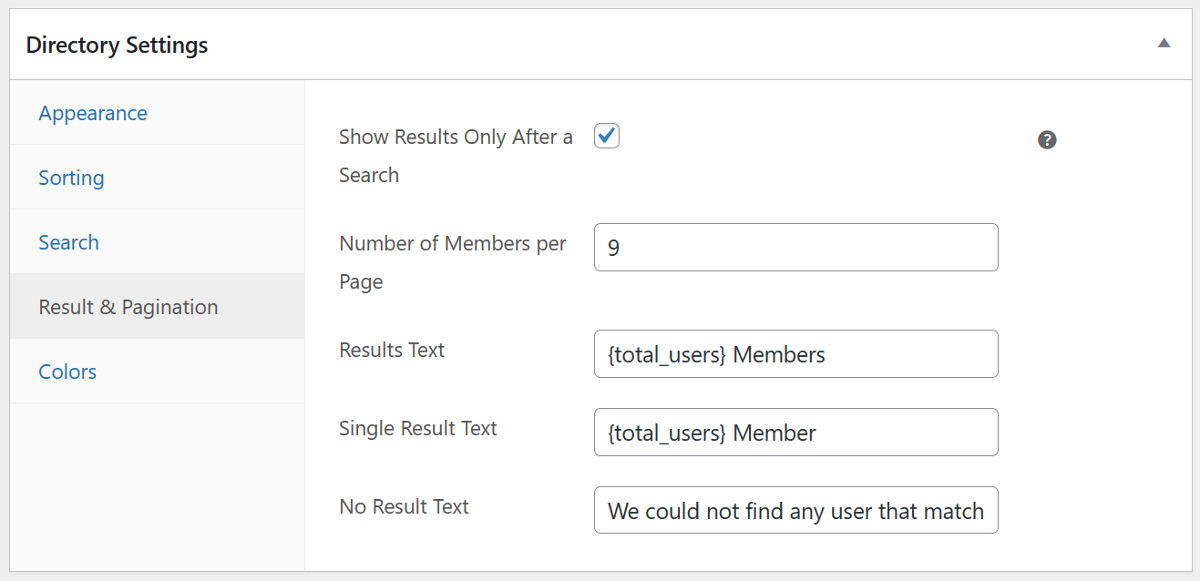 Result and pagination settings