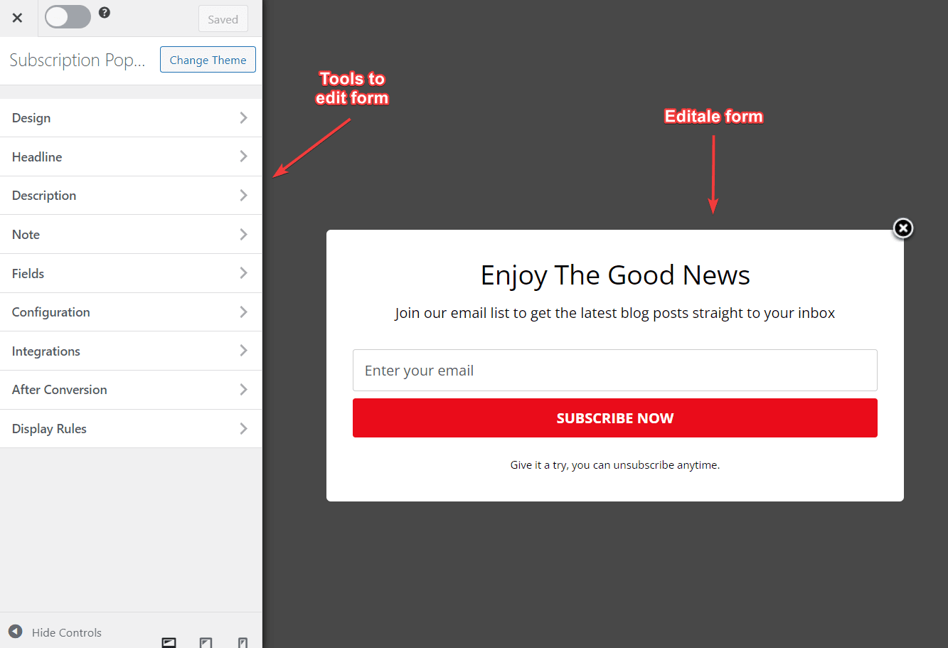 mailoptin popup subscription form editor