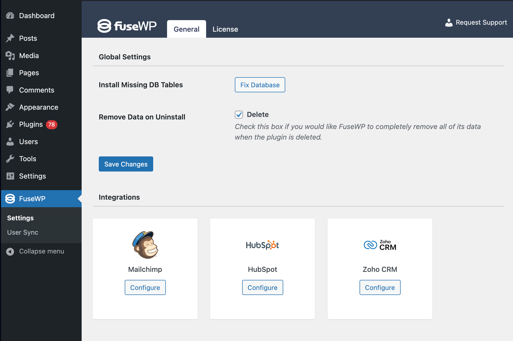 FuseWP x Zoho CRM settings page