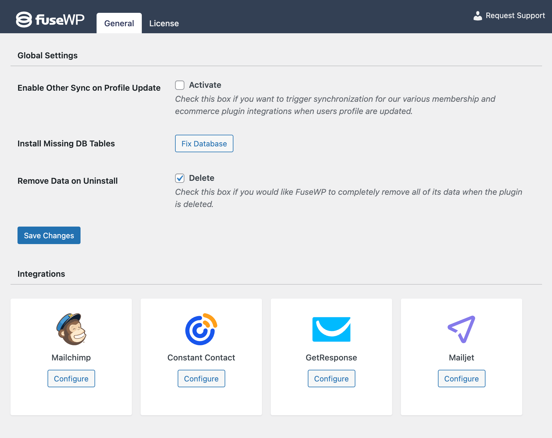 FuseWP integrations settings page