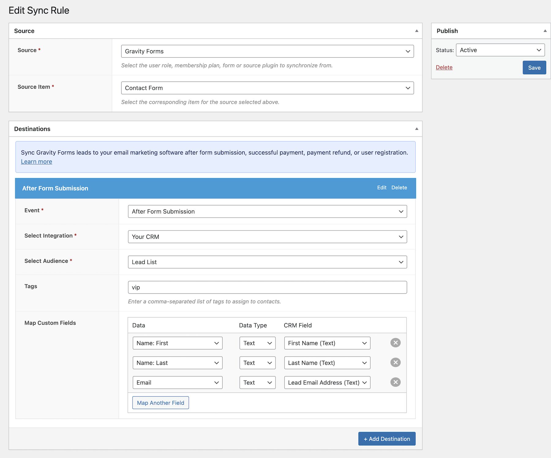 Syncing Gravity Forms submissions to CRM and email marketing list