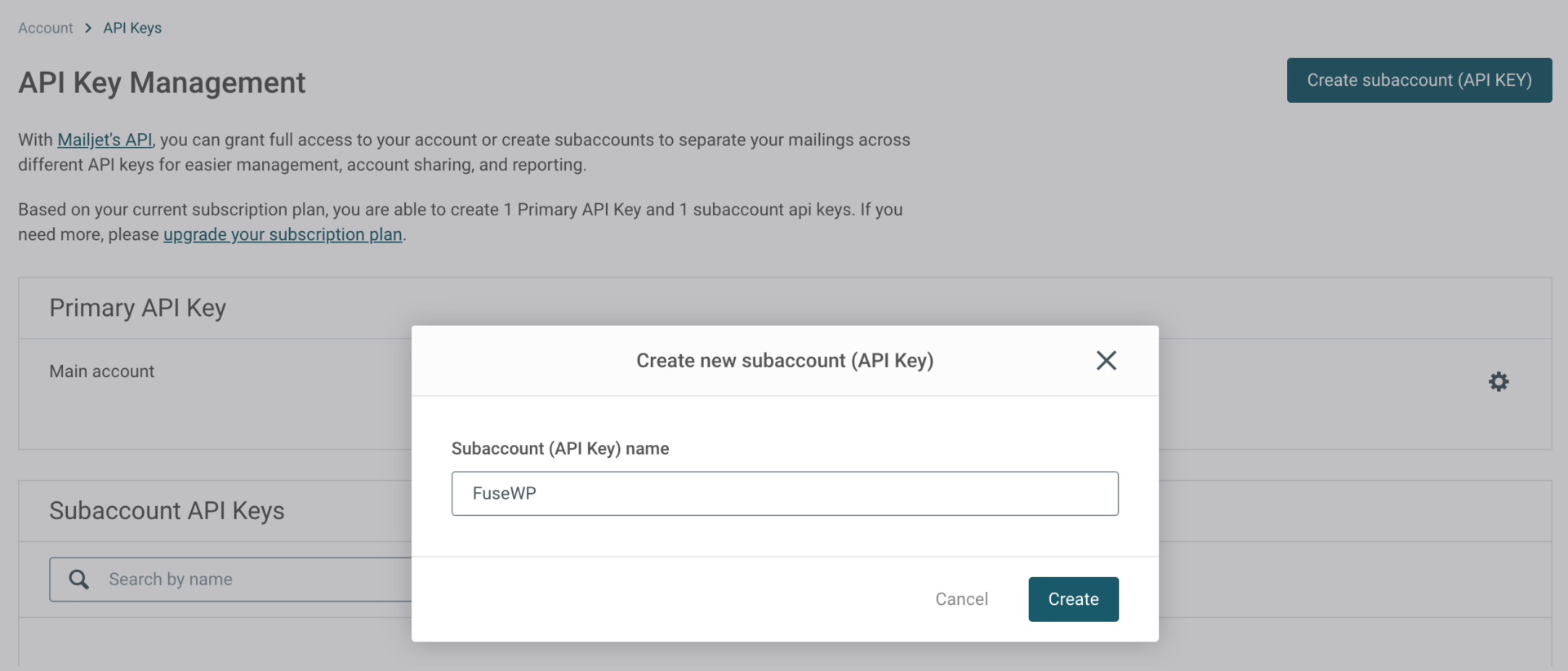 Mailjet create API key