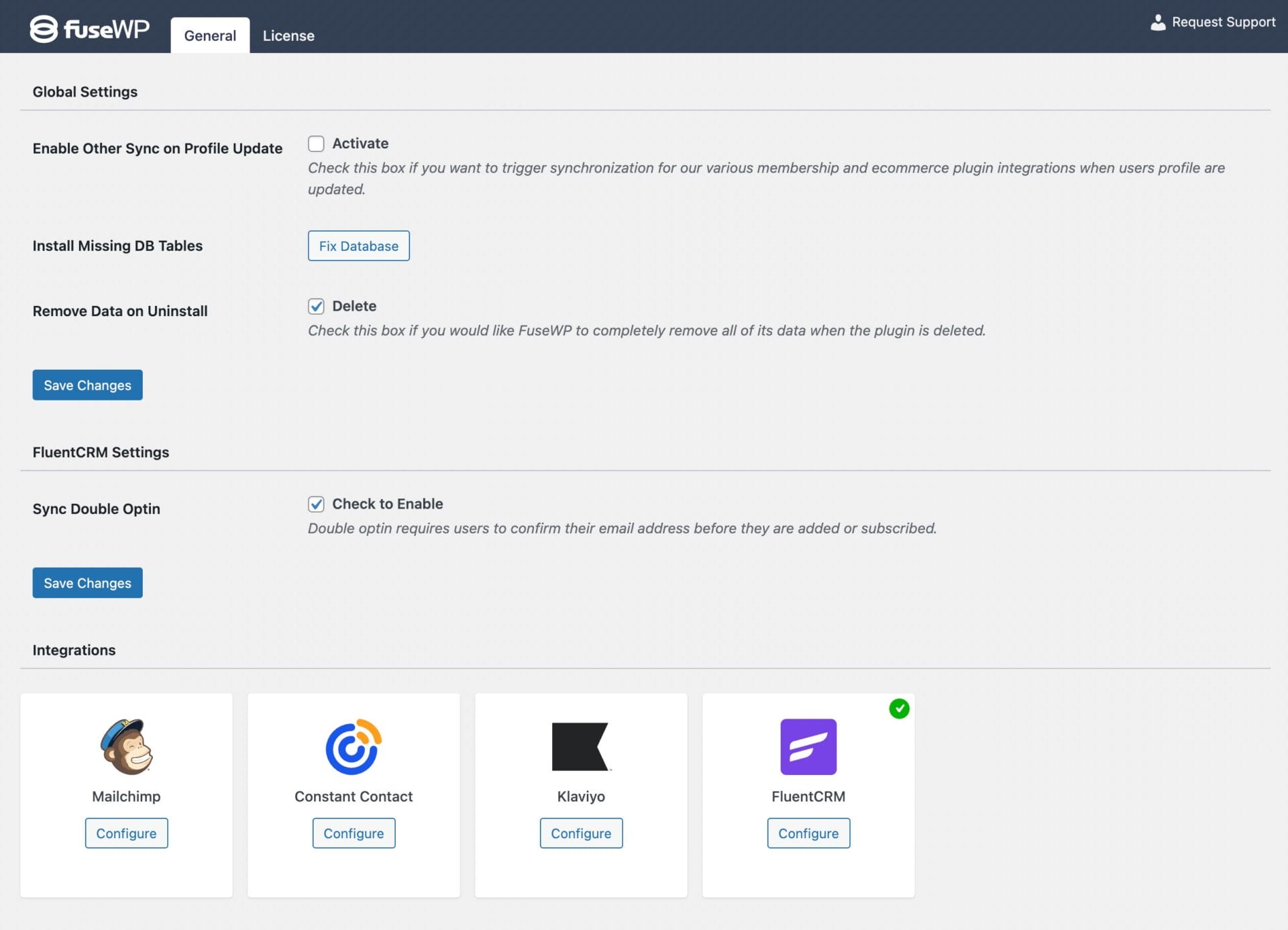 FuseWP integrations settings page