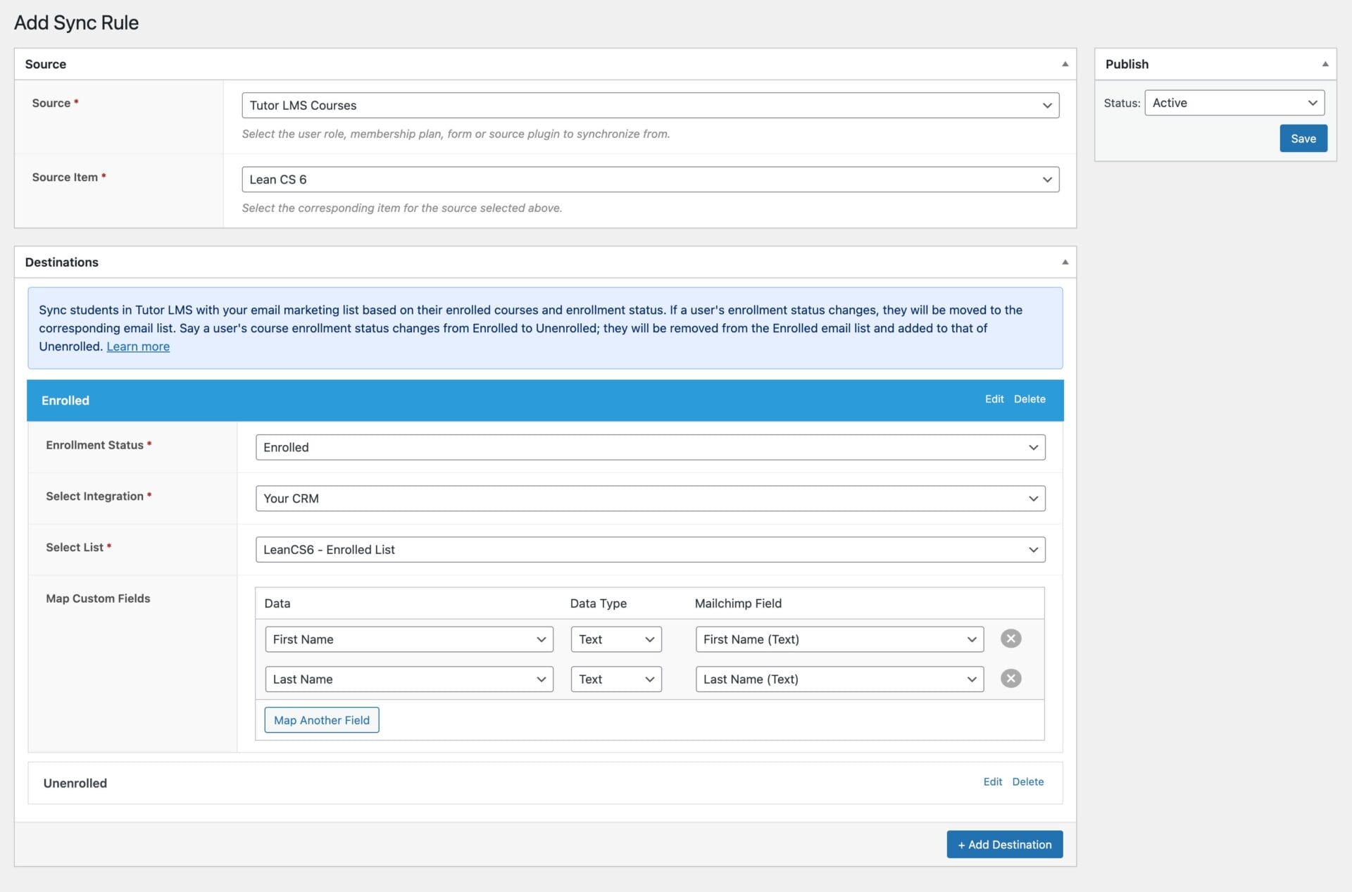 Subscribe Tutor LMS students in WordPress to CRM and email marketing software