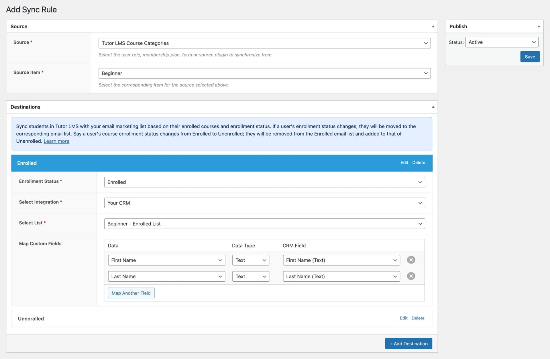 Subscribe Tutor LMS students in WordPress to CRM and email marketing software based on course category