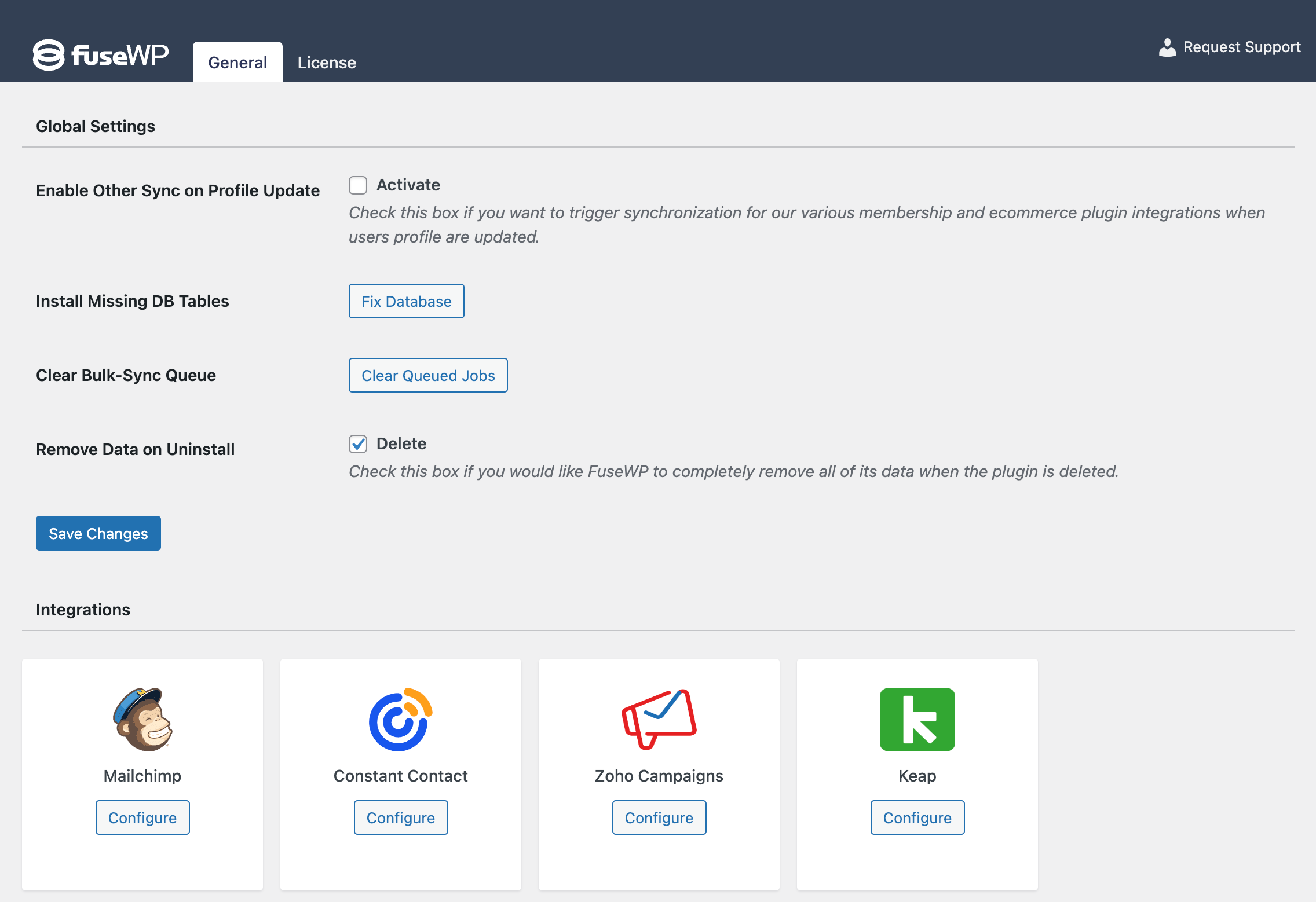 FuseWP x Zoho Campaigns & Keap settings page