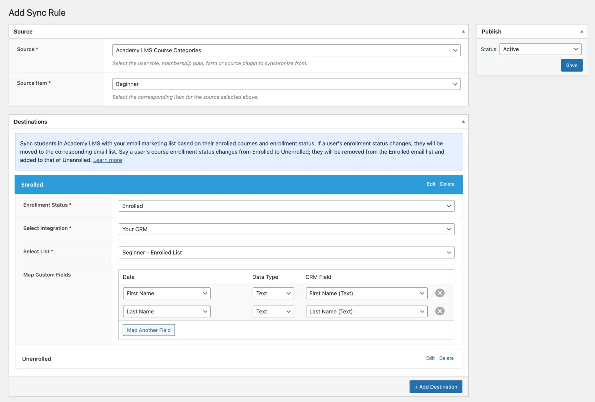Subscribe Academy LMS students in WordPress to CRM and email marketing software based on course category