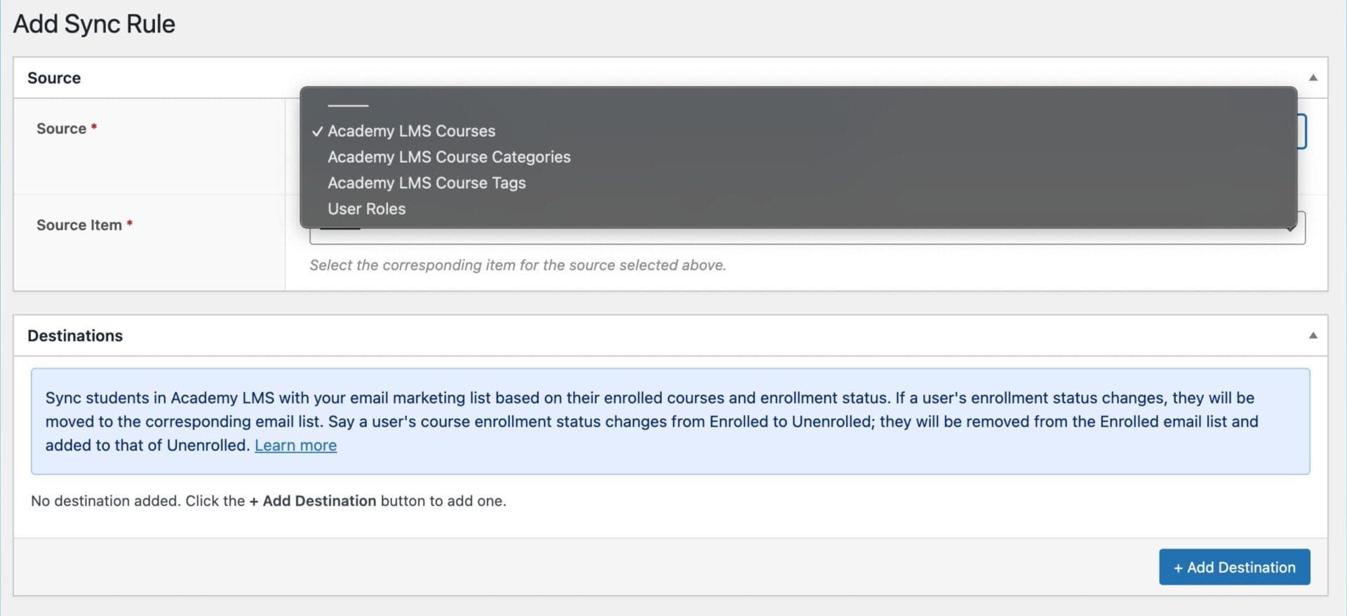 Create sync rule to subscribe Academy LMS students to CRM