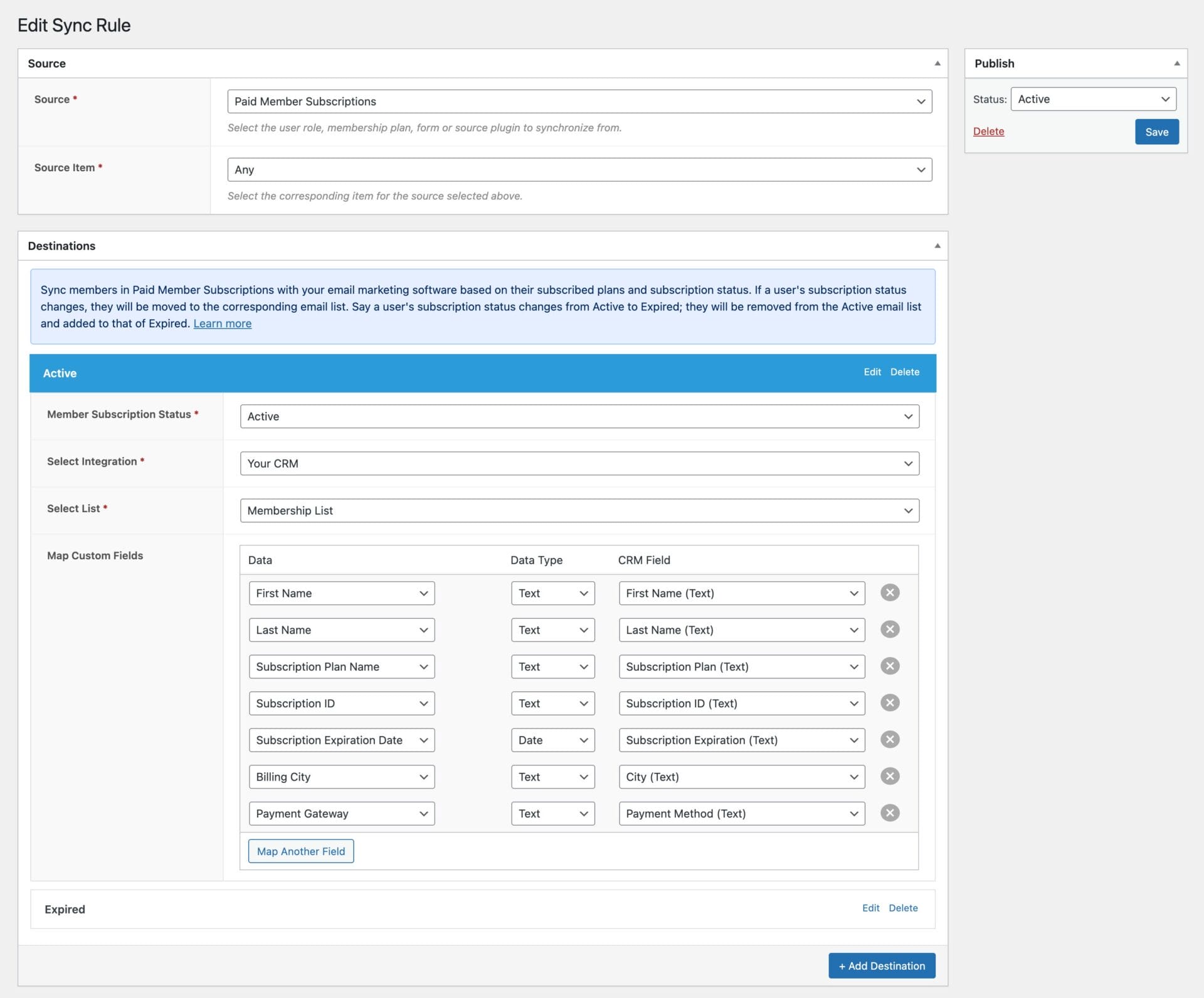 Sync rule to subscribe Paid Member Subscriptions memebrs and users to CRM and email marketing software