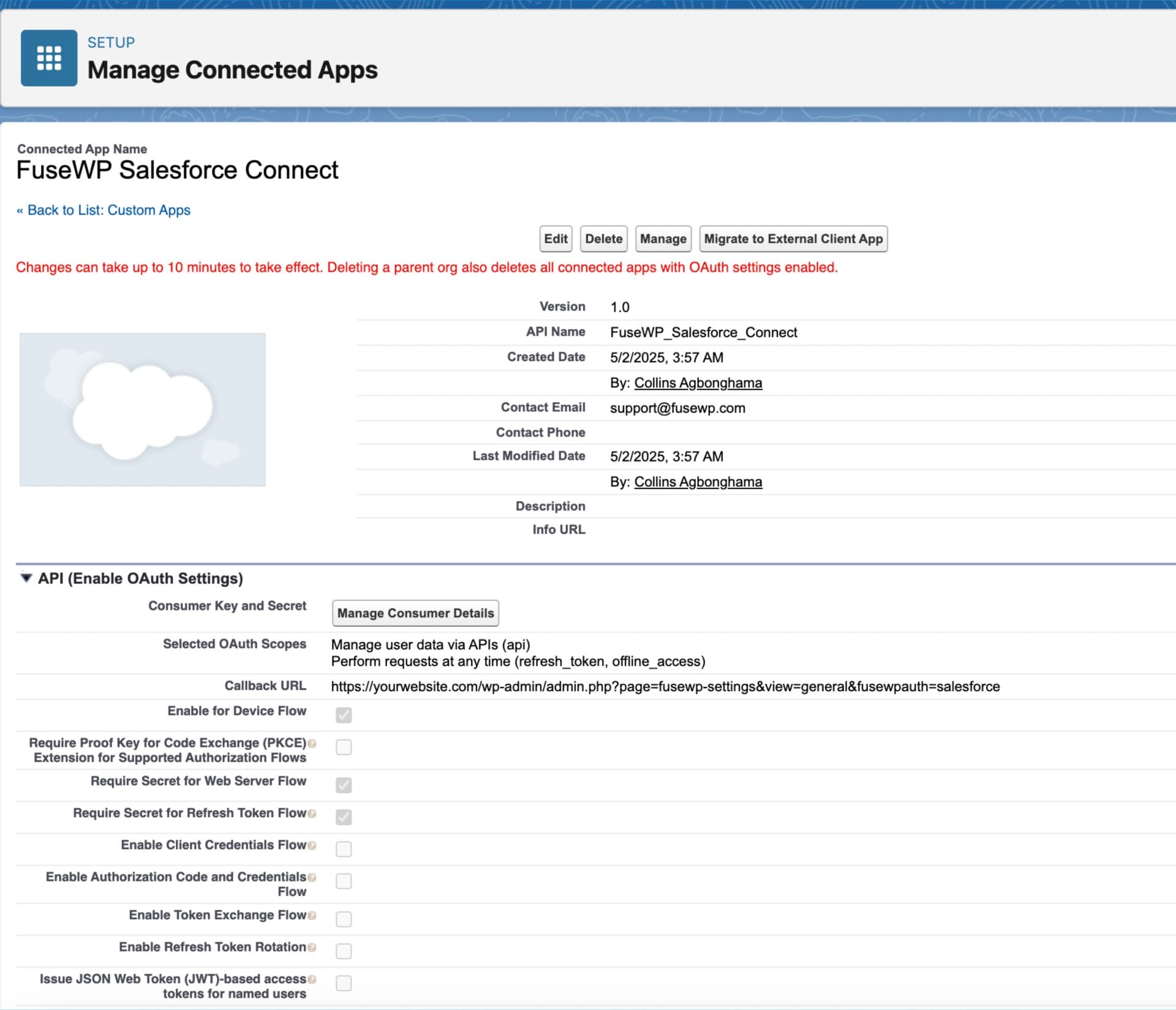 Salesforce connect app details page