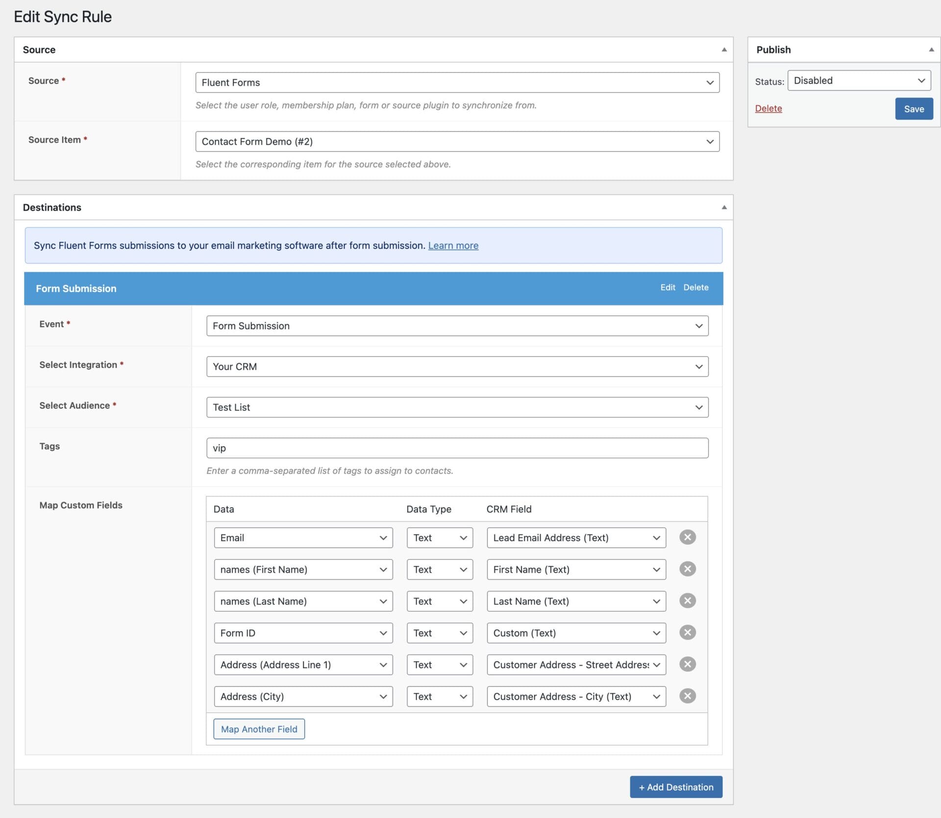 Create sync rule for Fluent Forms