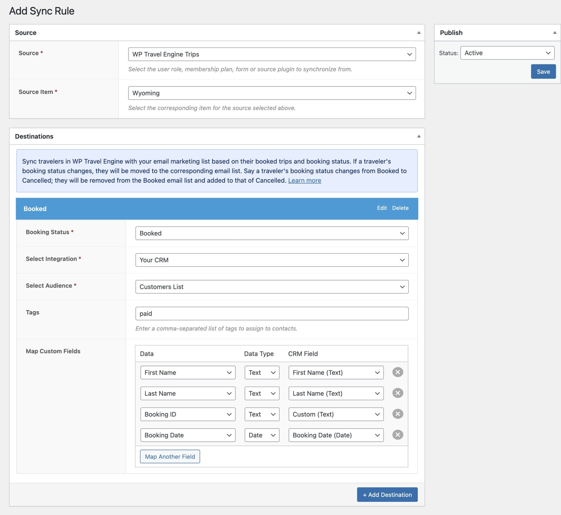 Sync WP Travel Engine customers based on booked tripe