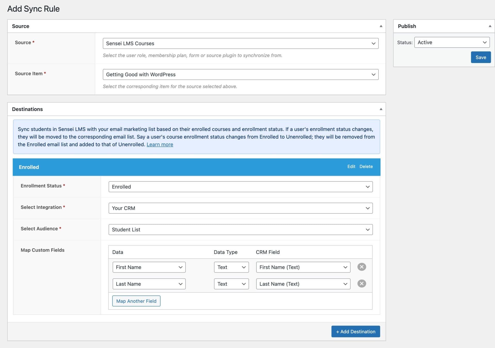 FuseWP sync rule for Sensei LMS