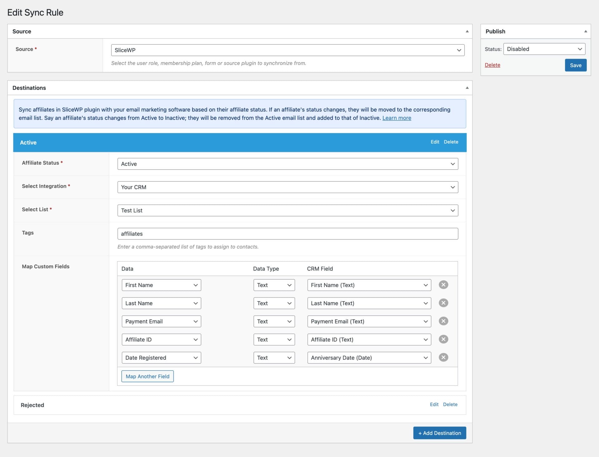 SliceWP sync rule to connect SliceWP to CRM