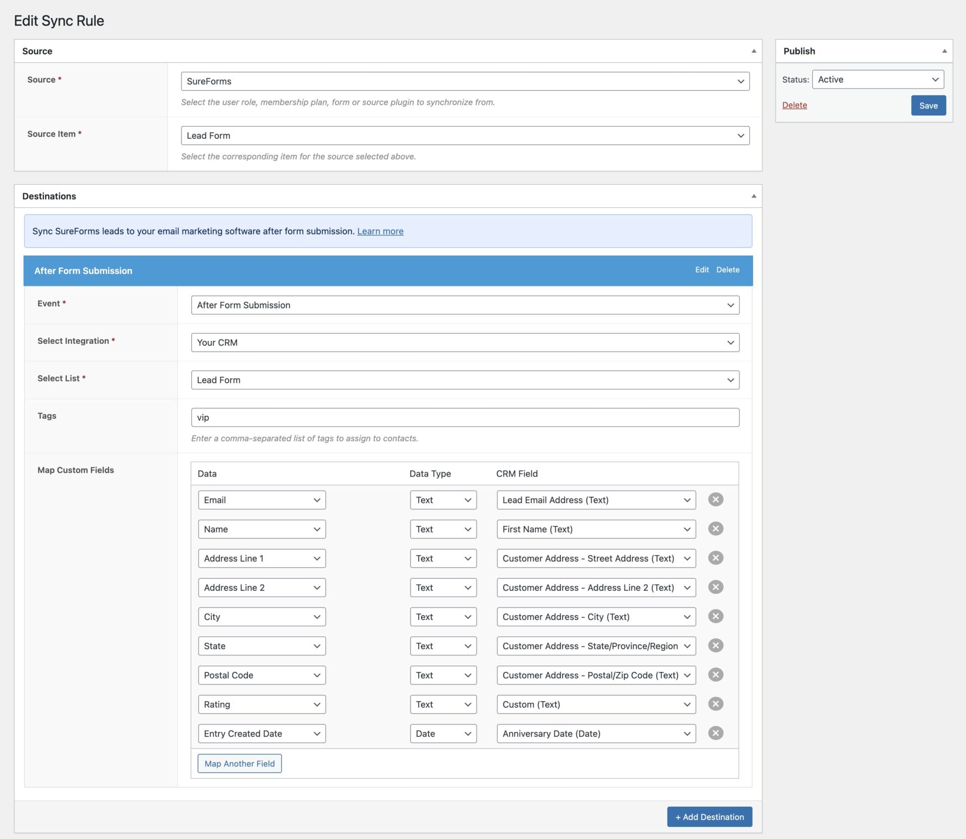 Syncing SureForms submissions to CRM and email marketing list