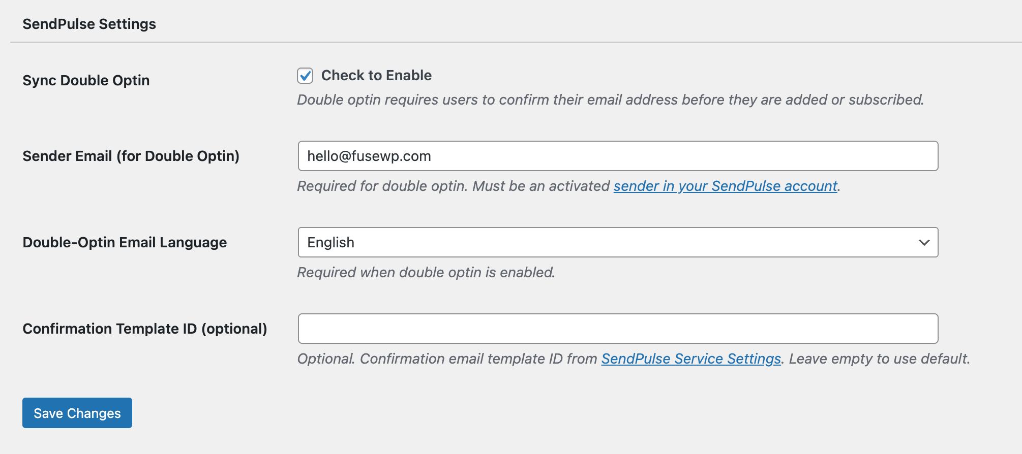 SendPulse double-optin setting in FuseWP