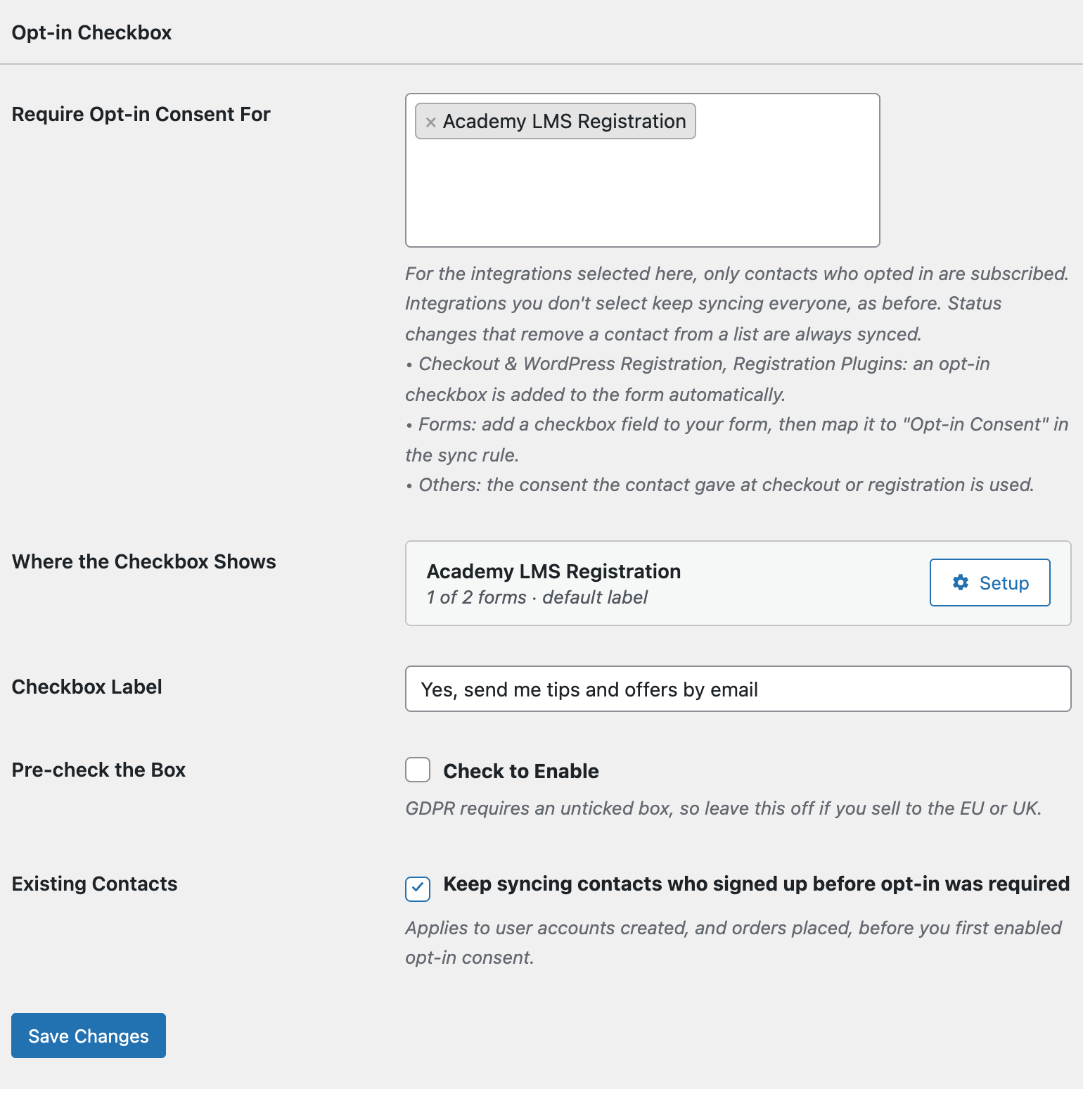 Opt-in Checkbox settings in FuseWP with Academy LMS selected