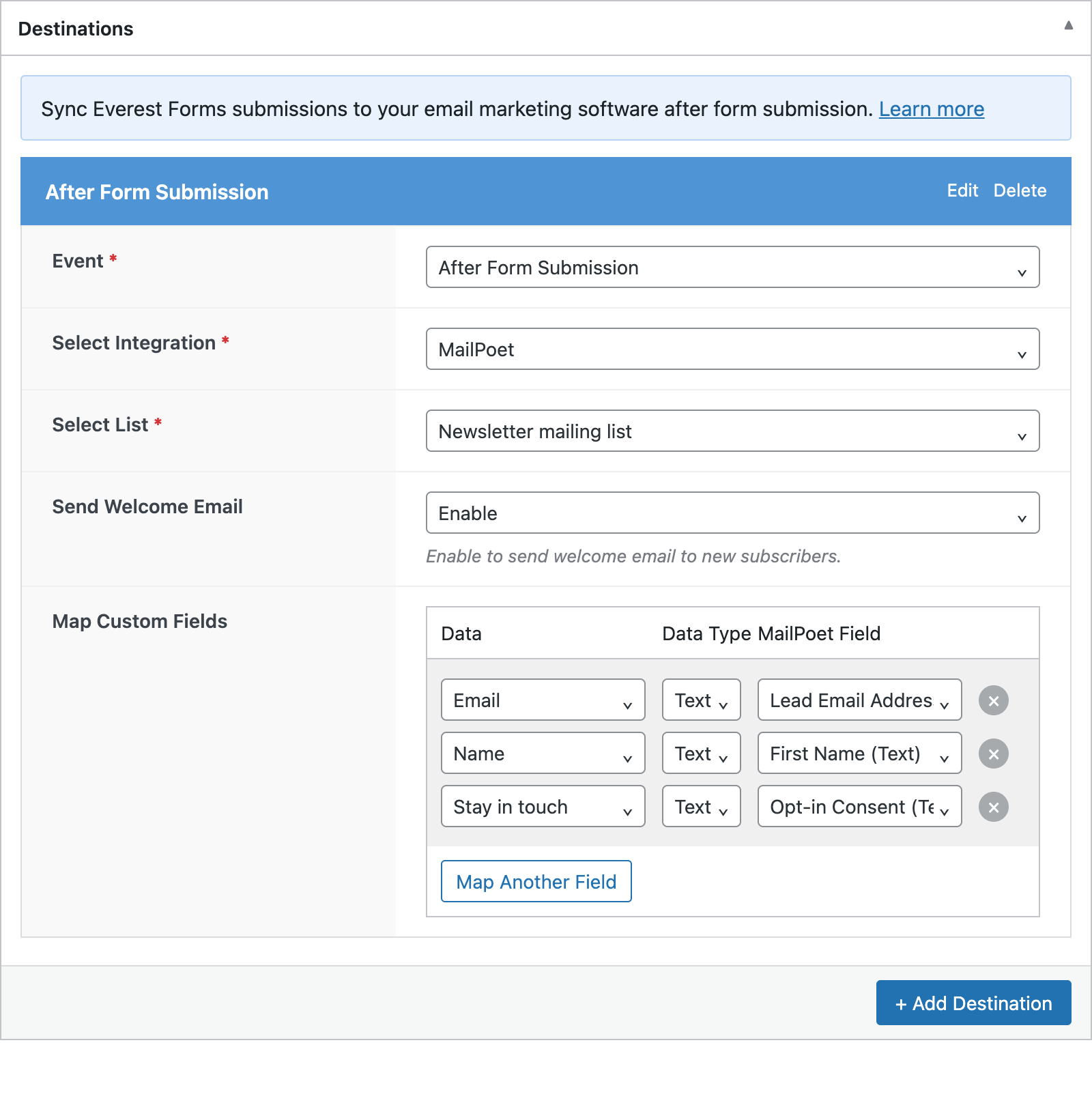 Everest Forms sync rule with the consent checkbox mapped to Opt-in Consent