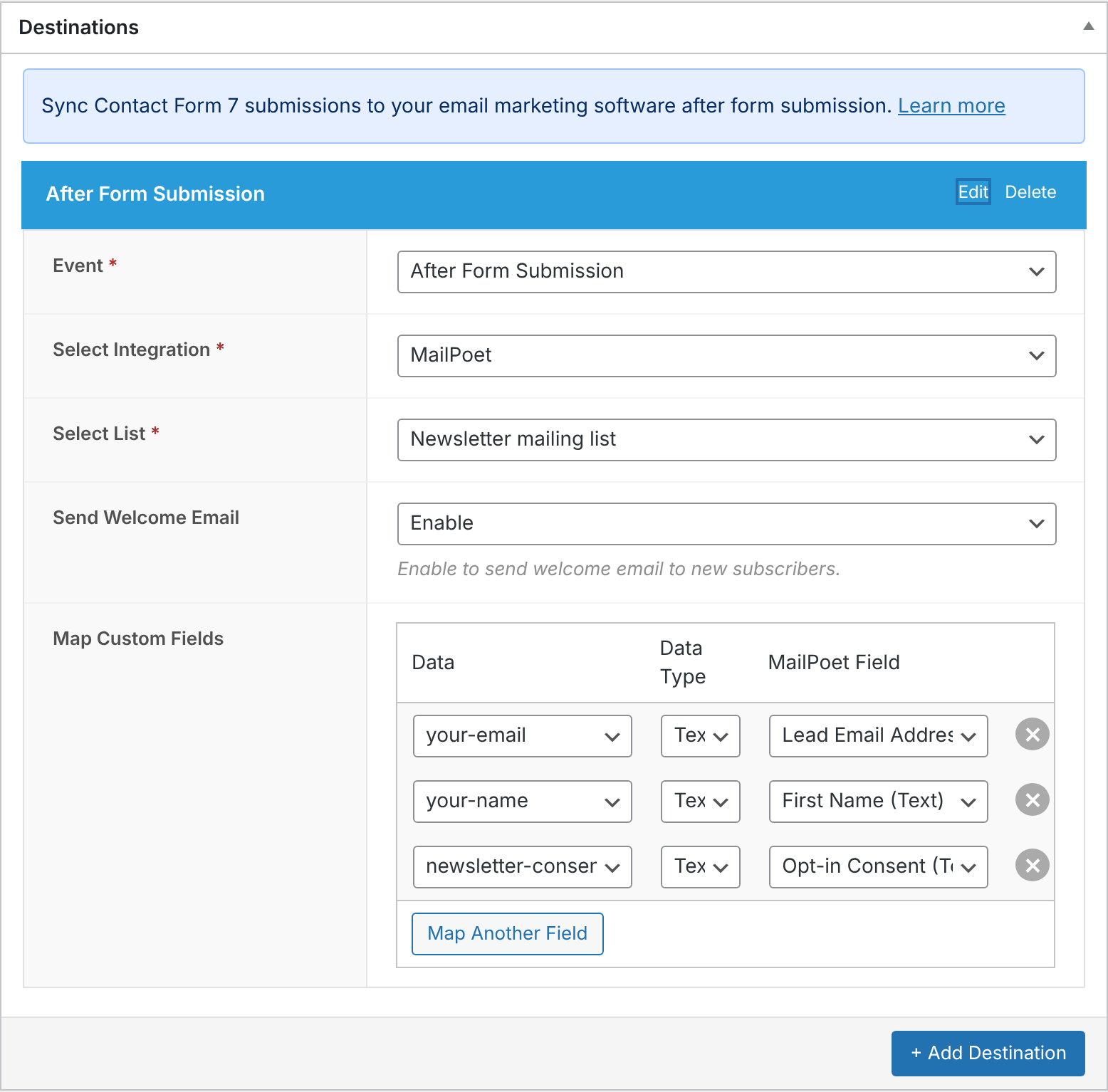 Contact Form 7 sync rule with the consent checkbox mapped to Opt-in Consent