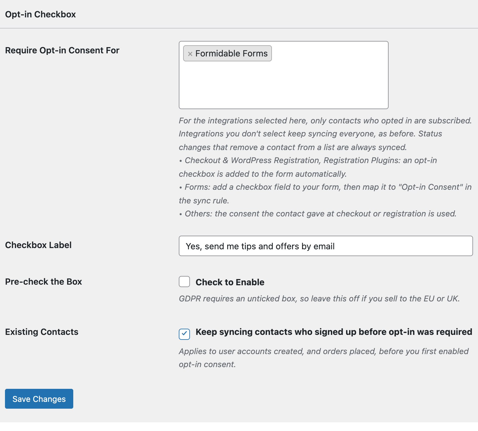 Opt-in Checkbox settings in FuseWP with Formidable Forms selected