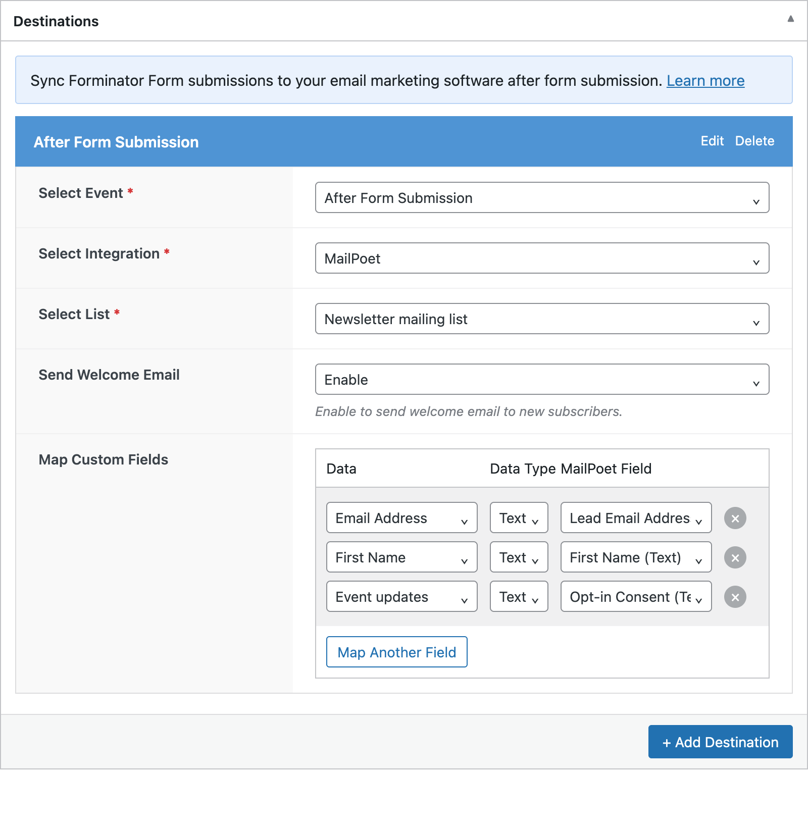 Forminator sync rule with the consent checkbox mapped to Opt-in Consent