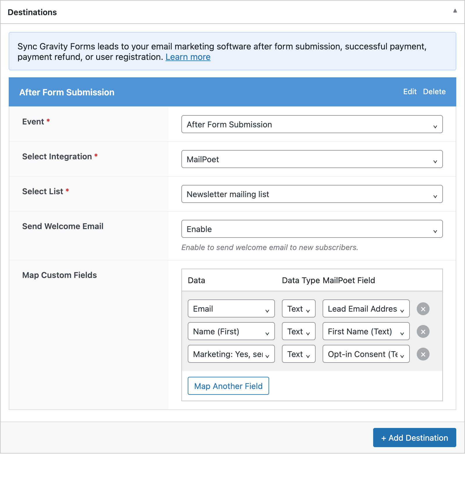 Gravity Forms sync rule with the consent checkbox mapped to Opt-in Consent