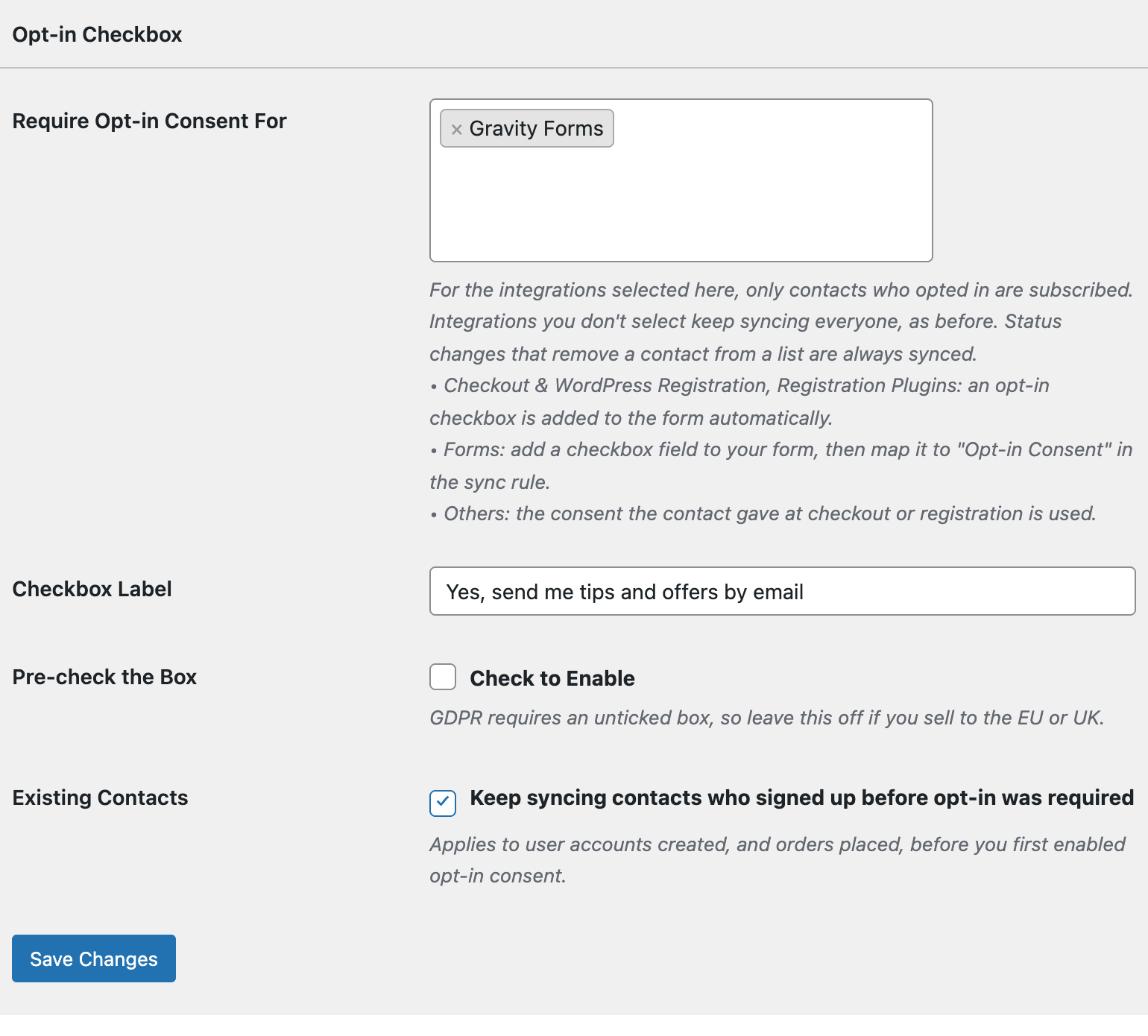 Opt-in Checkbox settings in FuseWP with Gravity Forms selected