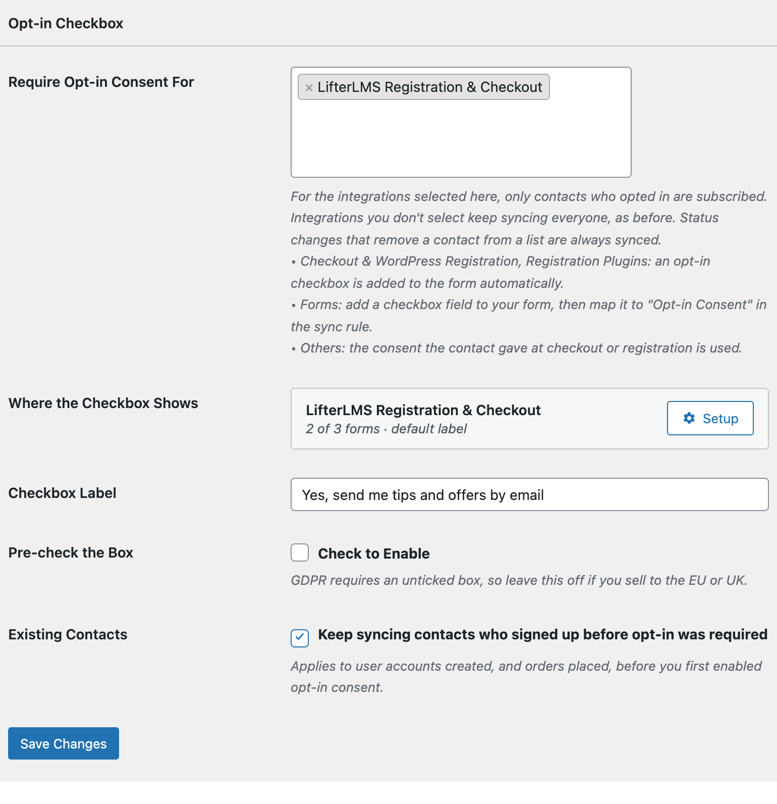 Opt-in Checkbox settings in FuseWP with LifterLMS selected