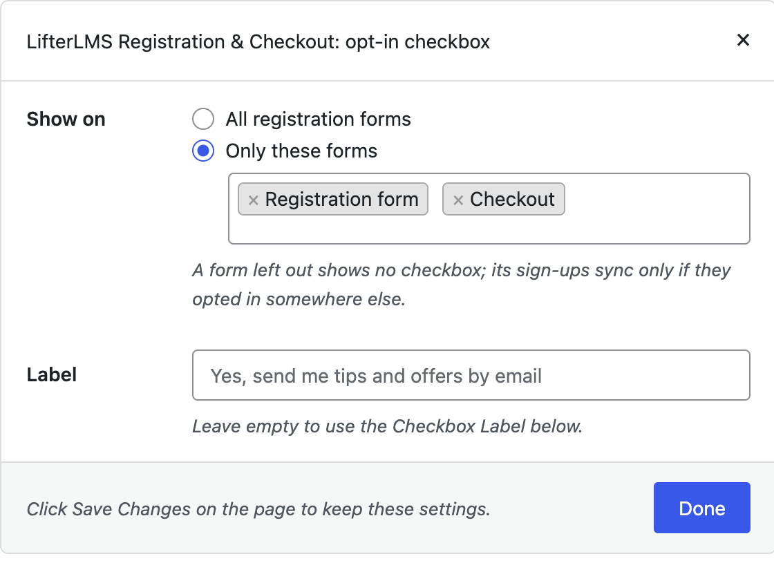 Setup popup for choosing which LifterLMS forms show the opt-in checkbox
