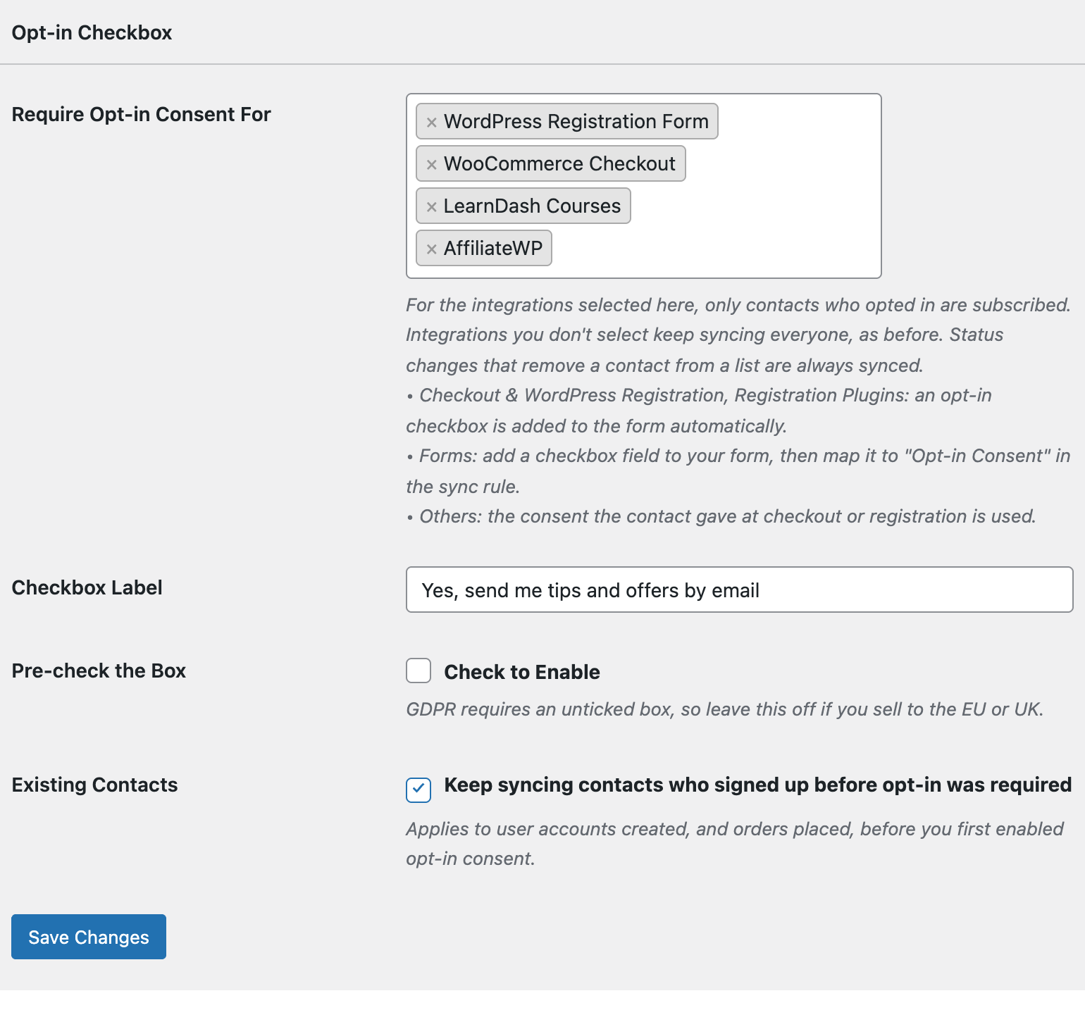 Opt-in Checkbox settings in FuseWP with LearnDash and AffiliateWP selected