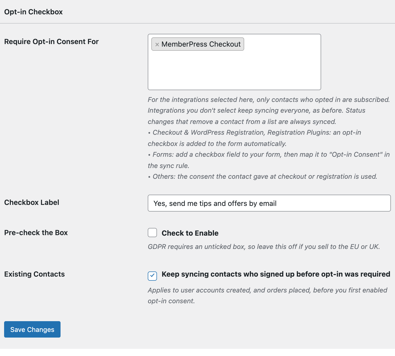 Opt-in Checkbox settings in FuseWP with MemberPress selected