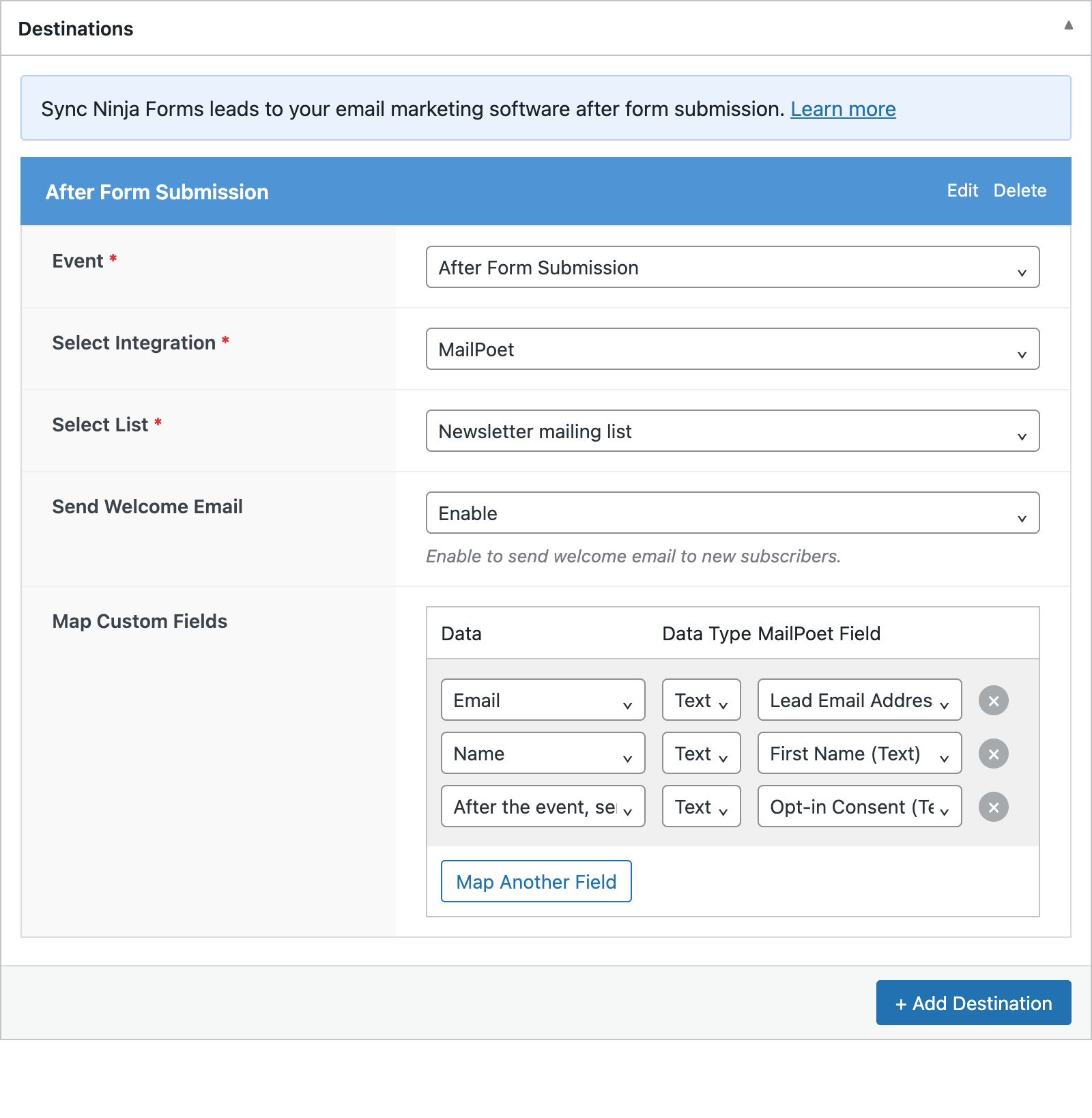 Ninja Forms sync rule with the consent checkbox mapped to Opt-in Consent