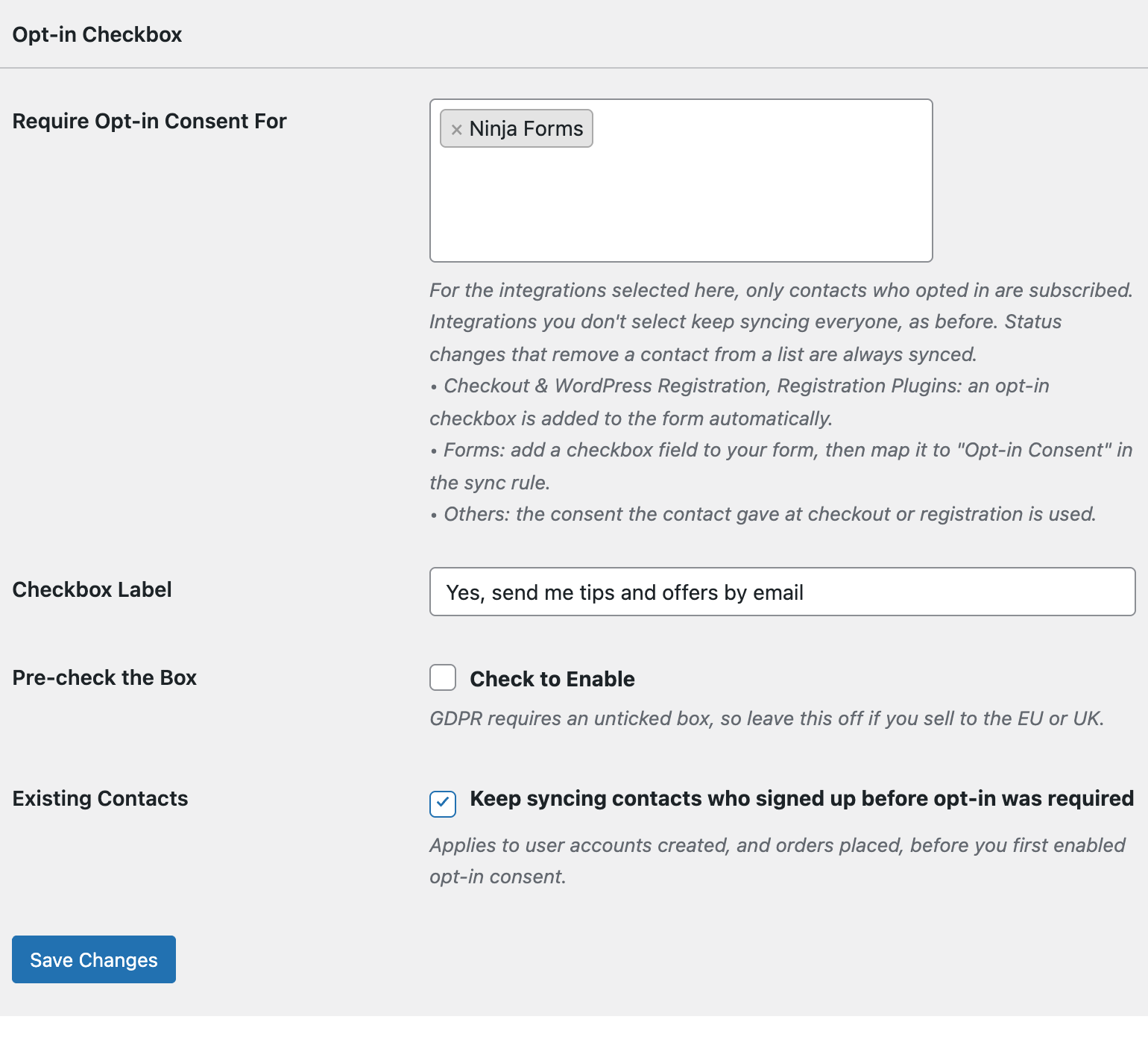 Opt-in Checkbox settings in FuseWP with Ninja Forms selected