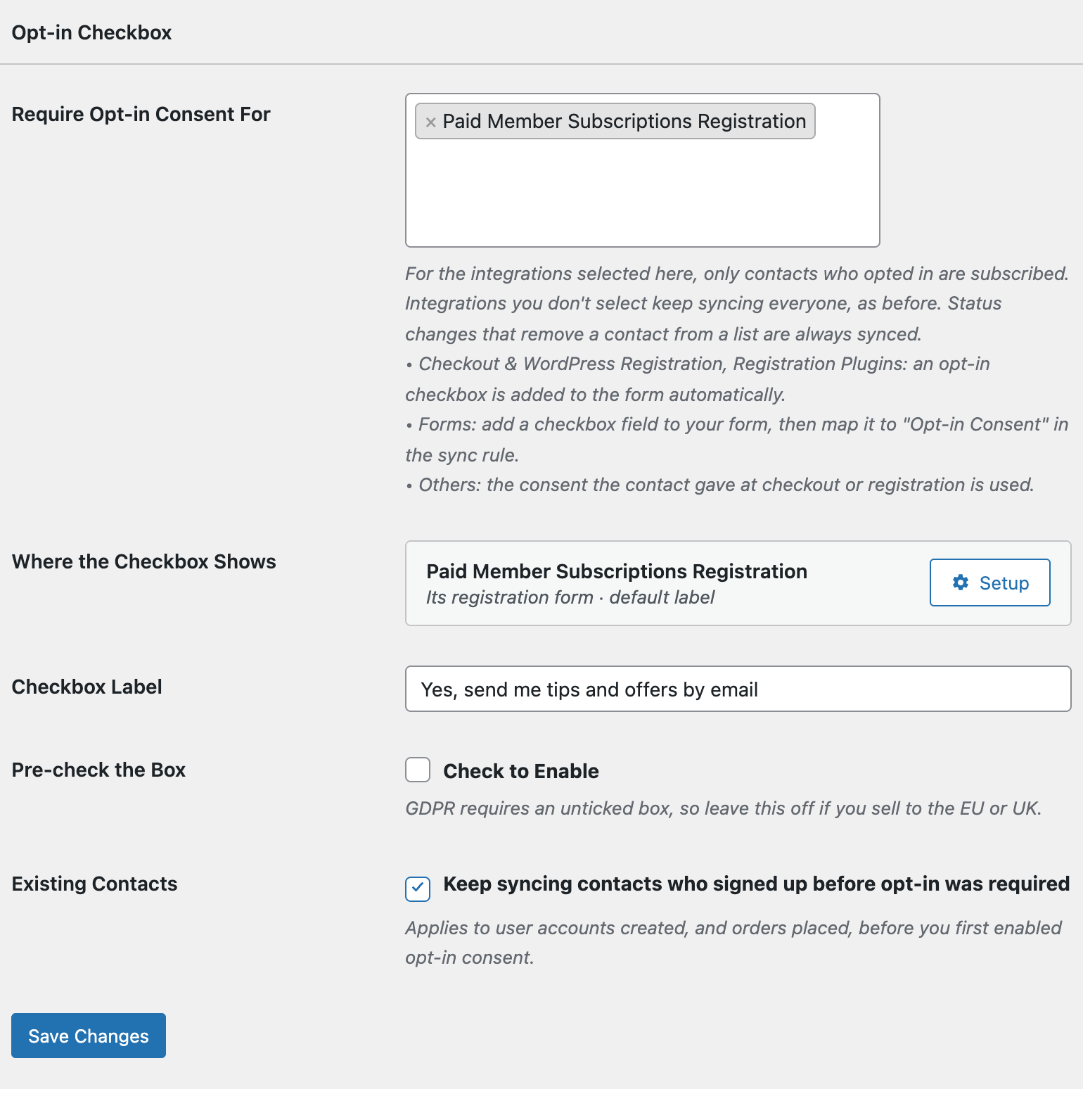 Opt-in Checkbox settings in FuseWP with Paid Member Subscriptions selected