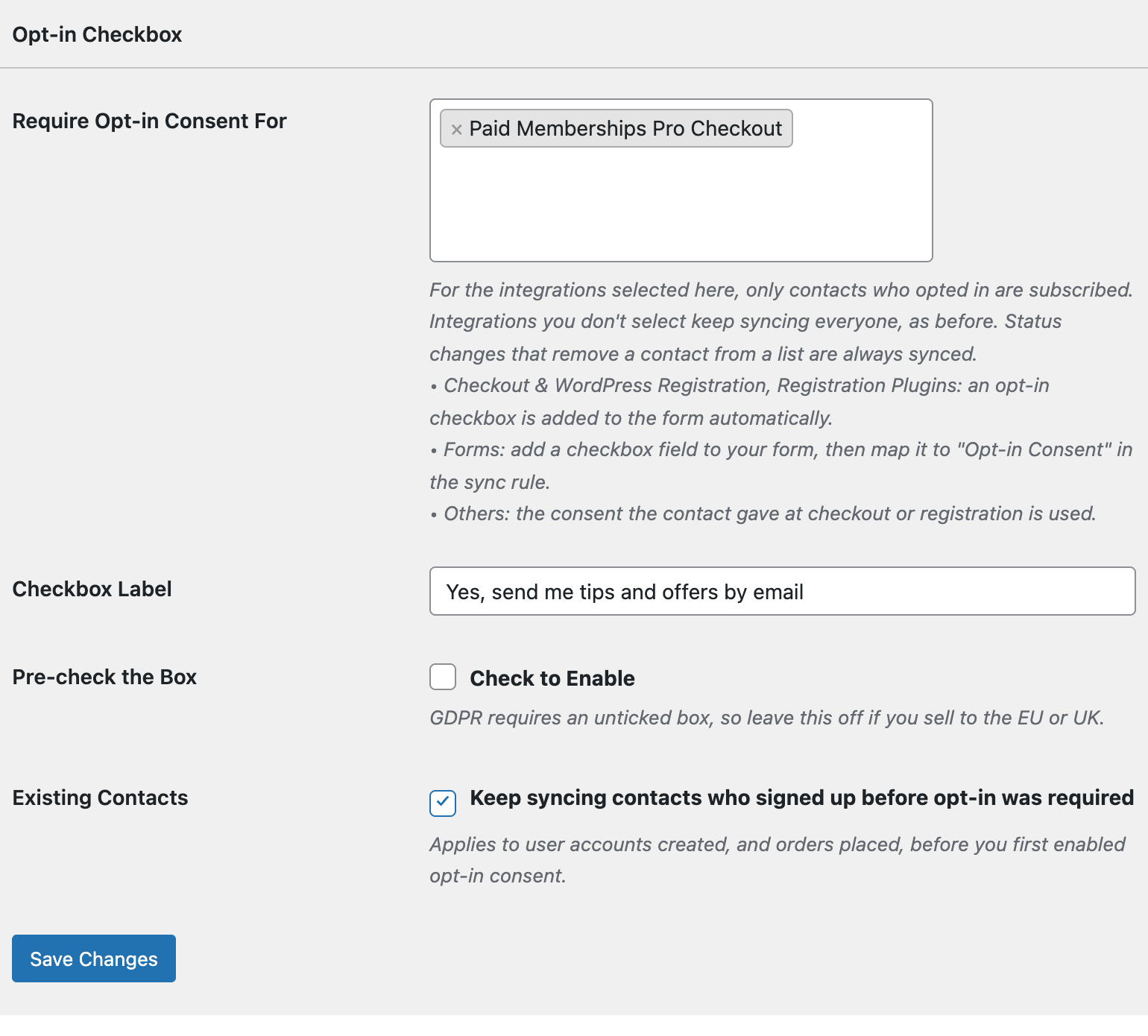 Opt-in Checkbox settings in FuseWP with Paid Memberships Pro Checkout selected