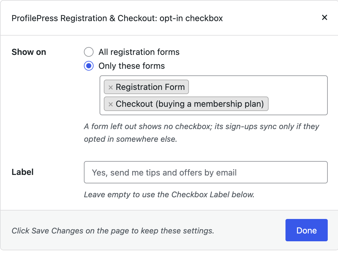 Setup popup for choosing which ProfilePress forms show the opt-in checkbox