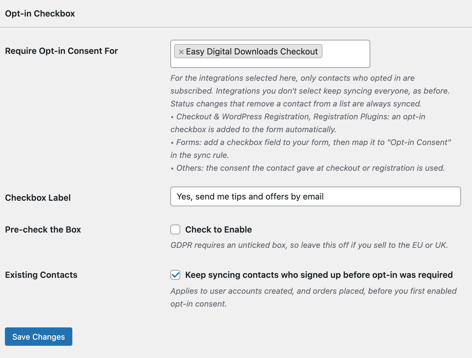 Opt-in Checkbox settings with Easy Digital Downloads Checkout selected