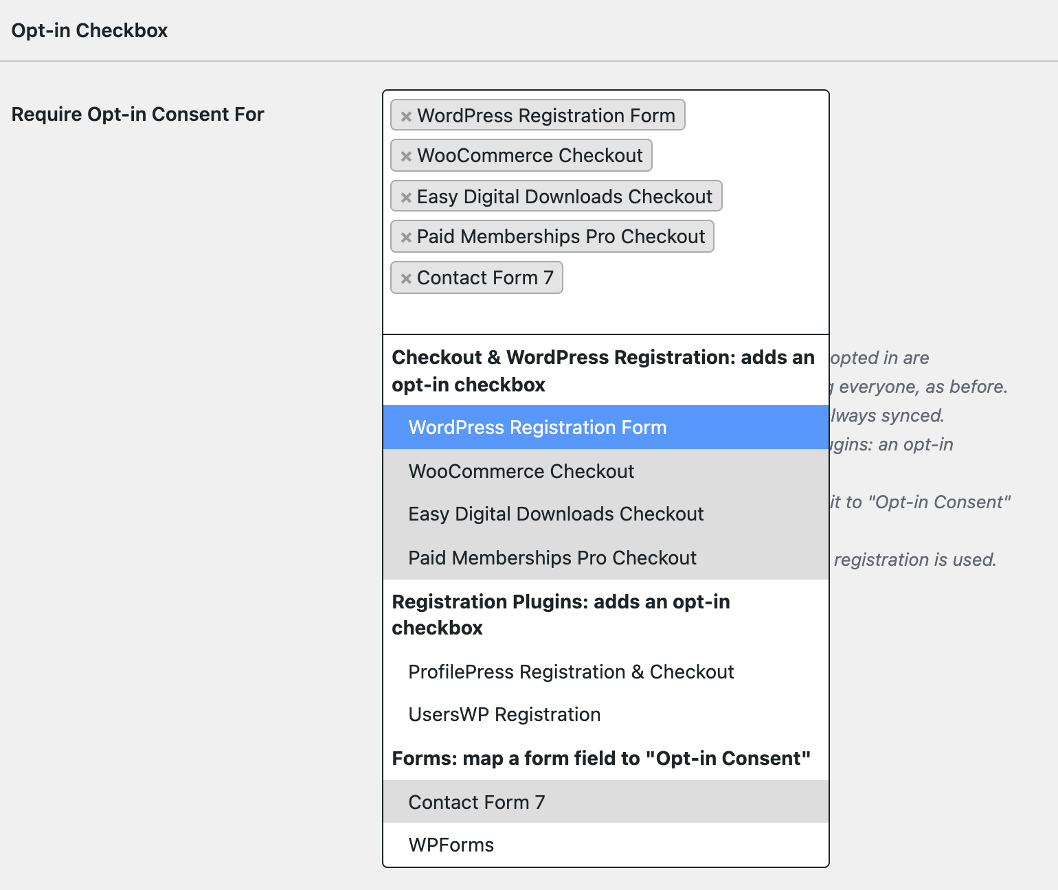 Integrations listed in Require Opt-in Consent For