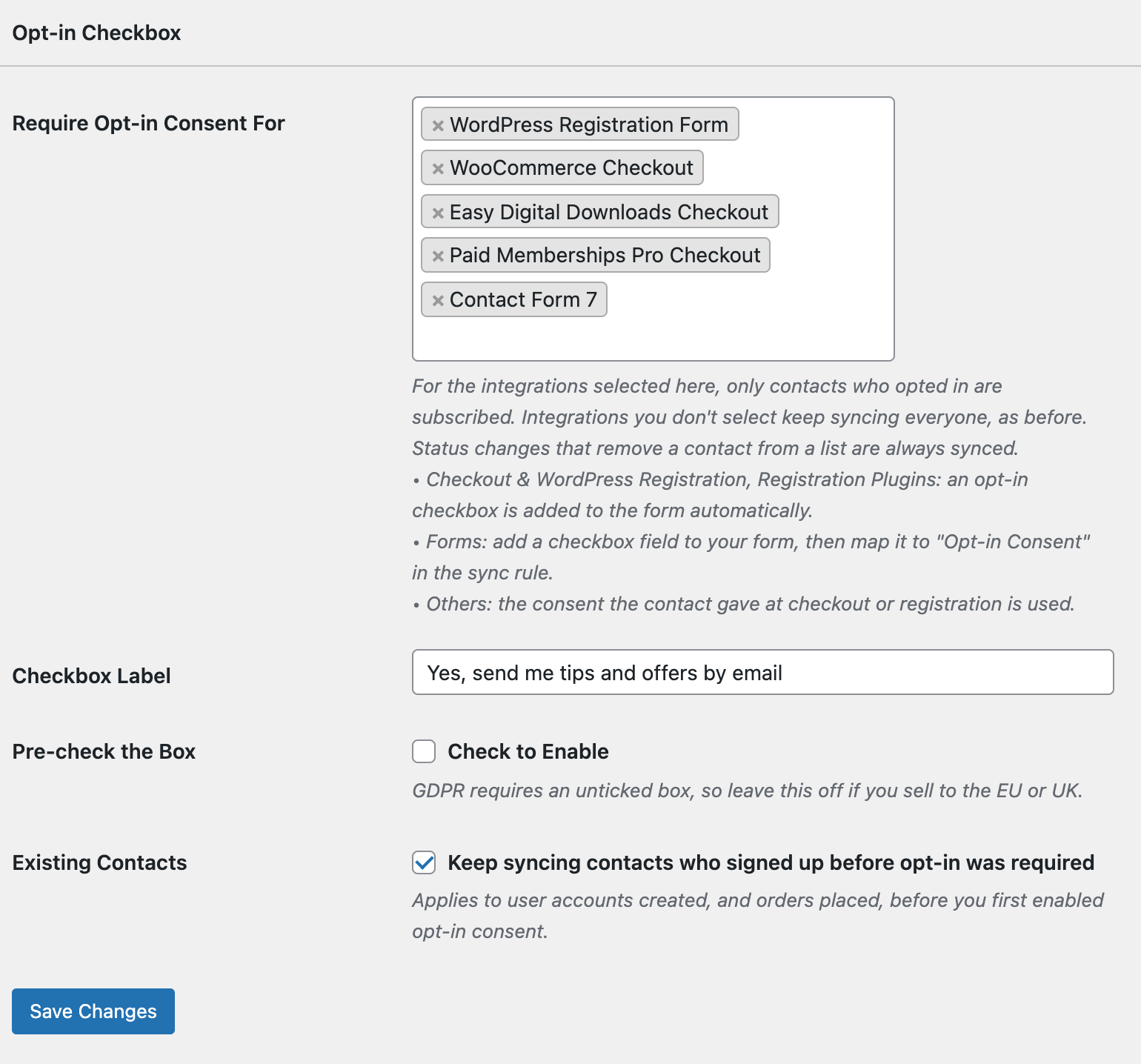 Opt-in Checkbox settings in FuseWP