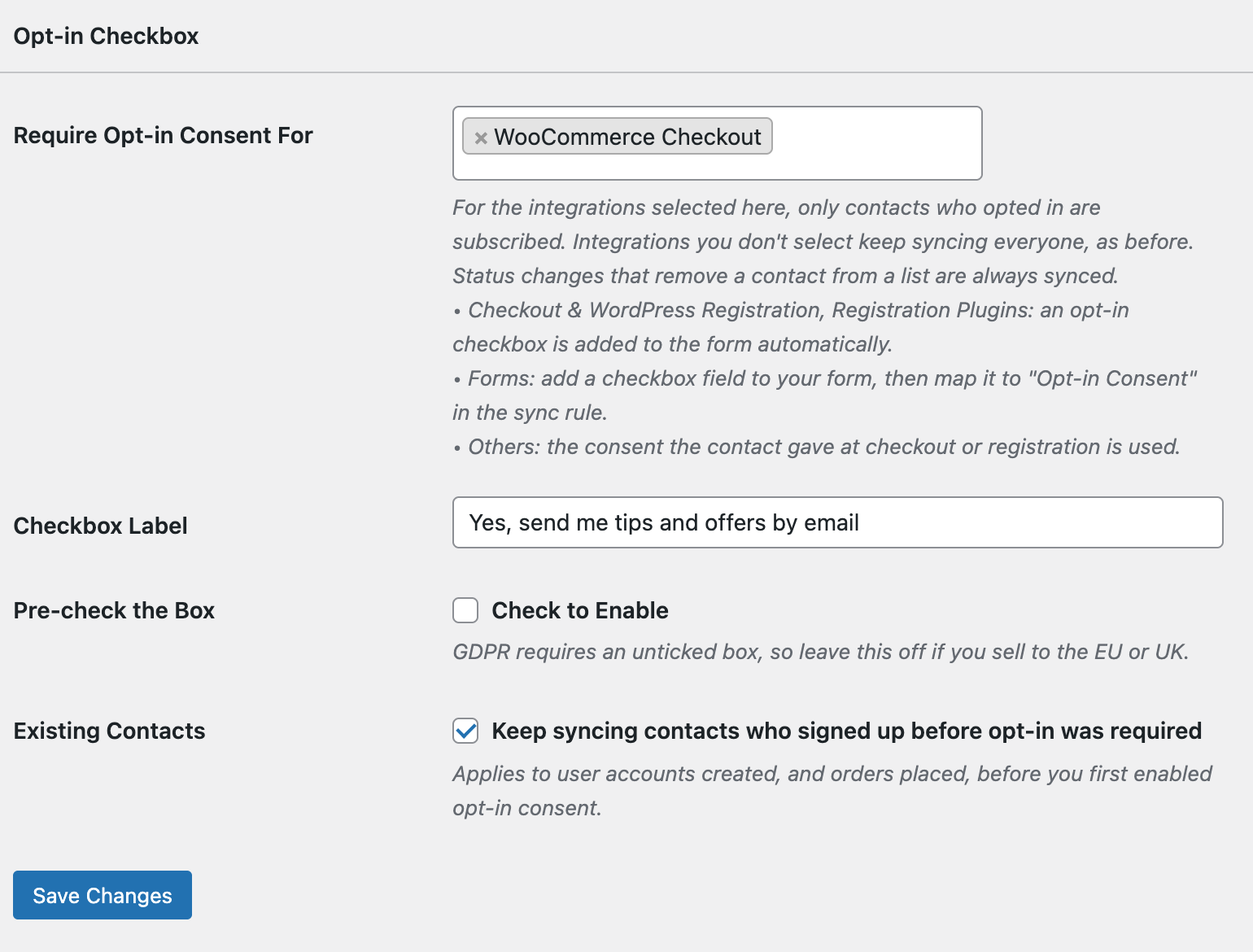Opt-in Checkbox settings with WooCommerce Checkout selected