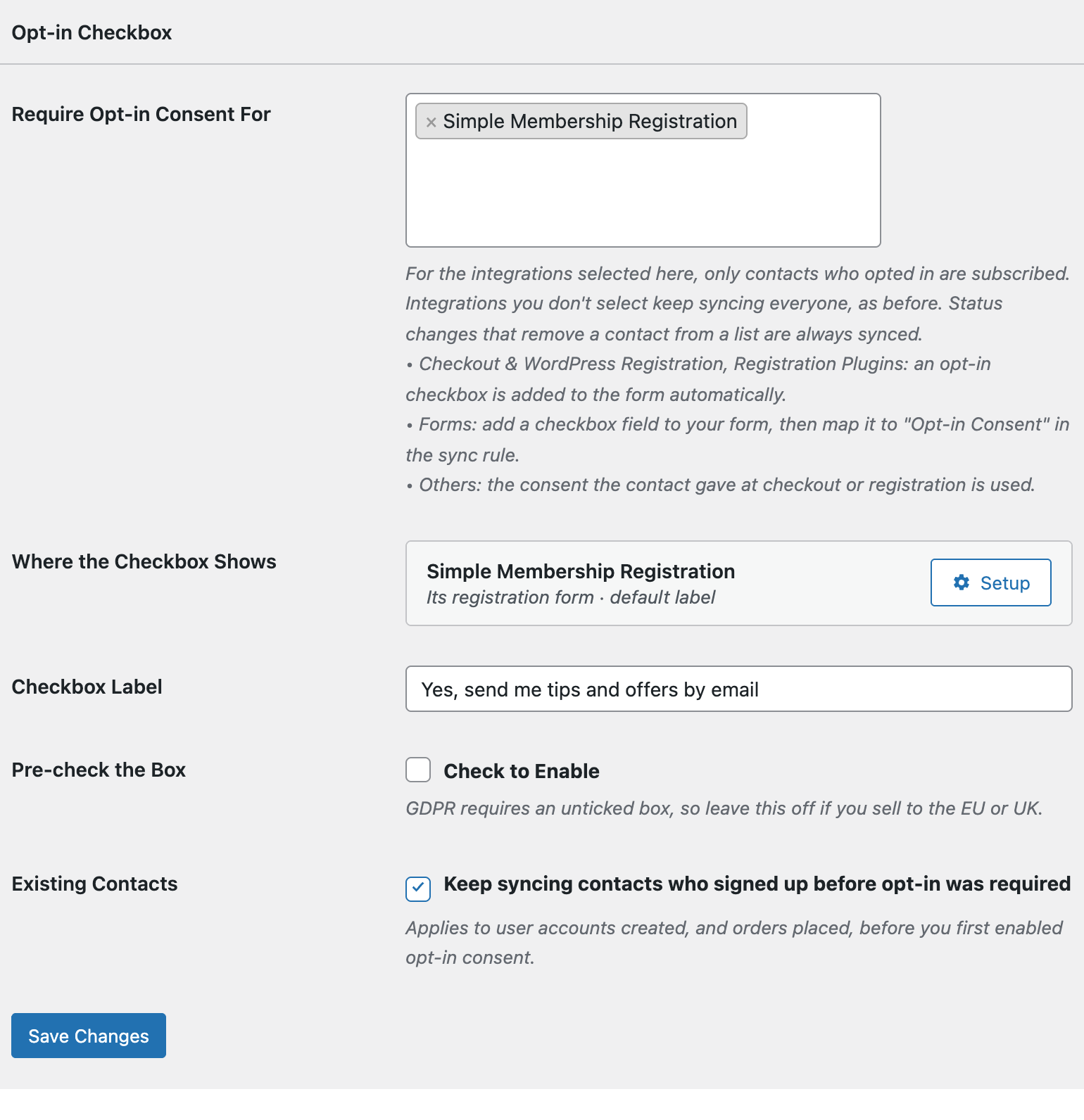 Opt-in Checkbox settings in FuseWP with Simple Membership selected