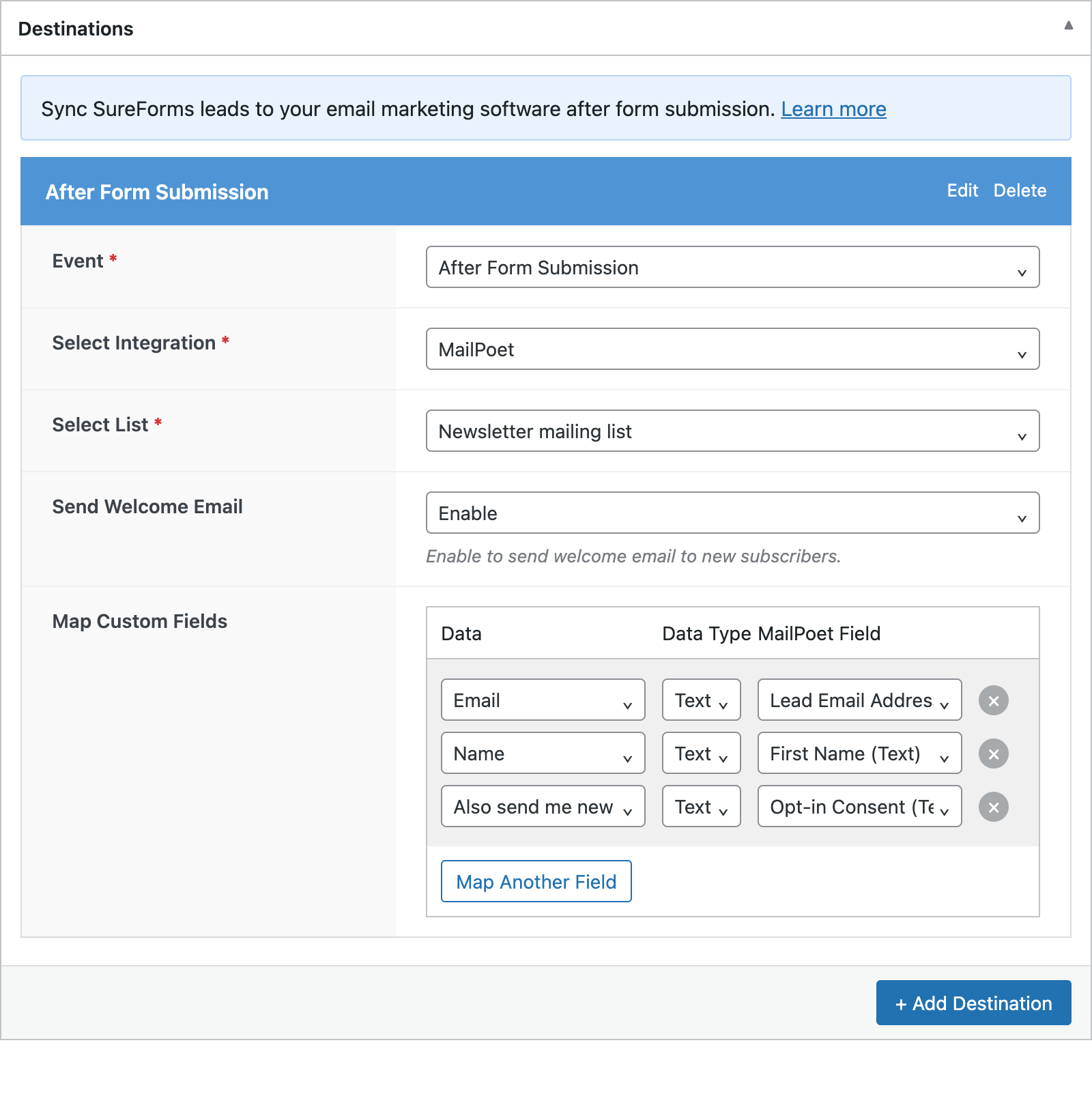 SureForms sync rule with the consent checkbox mapped to Opt-in Consent