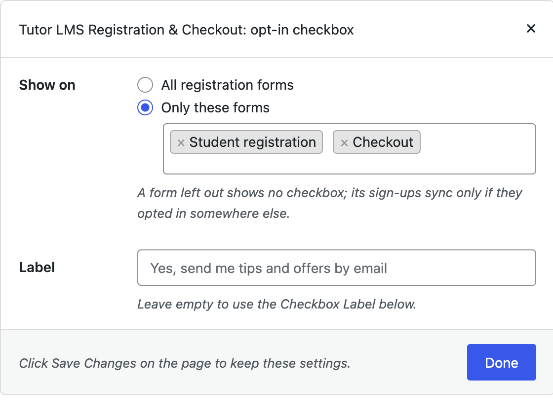Setup popup for choosing which Tutor LMS forms show the opt-in checkbox