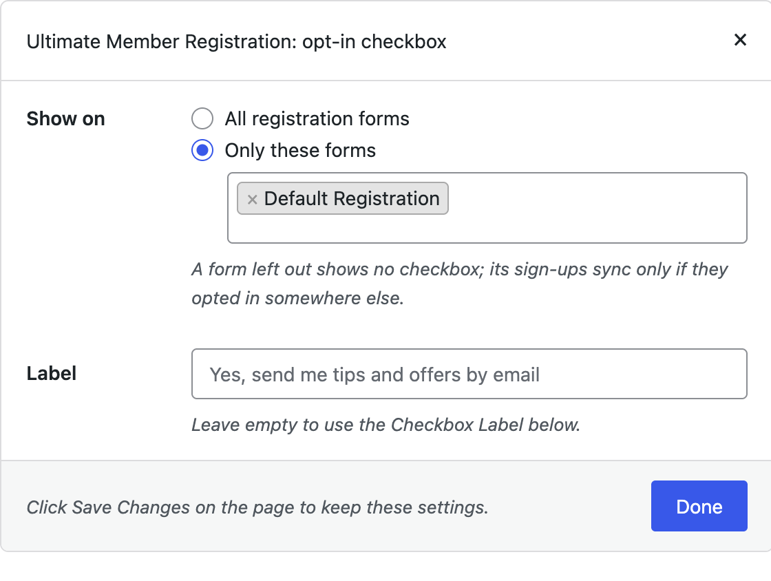 Setup popup for choosing which Ultimate Member forms show the opt-in checkbox
