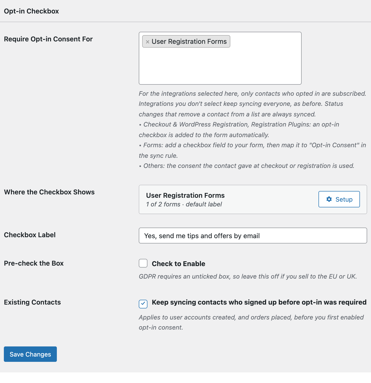Opt-in Checkbox settings in FuseWP with User Registration selected