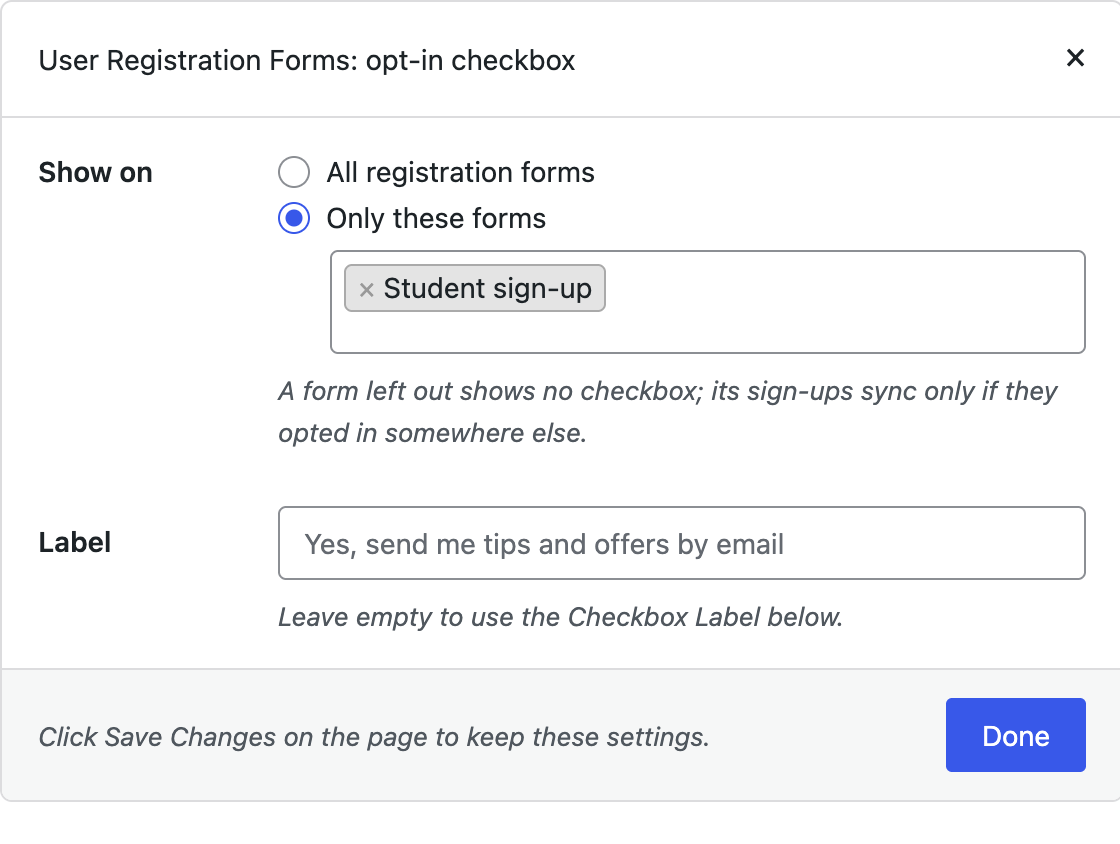Setup popup for choosing which User Registration forms show the opt-in checkbox