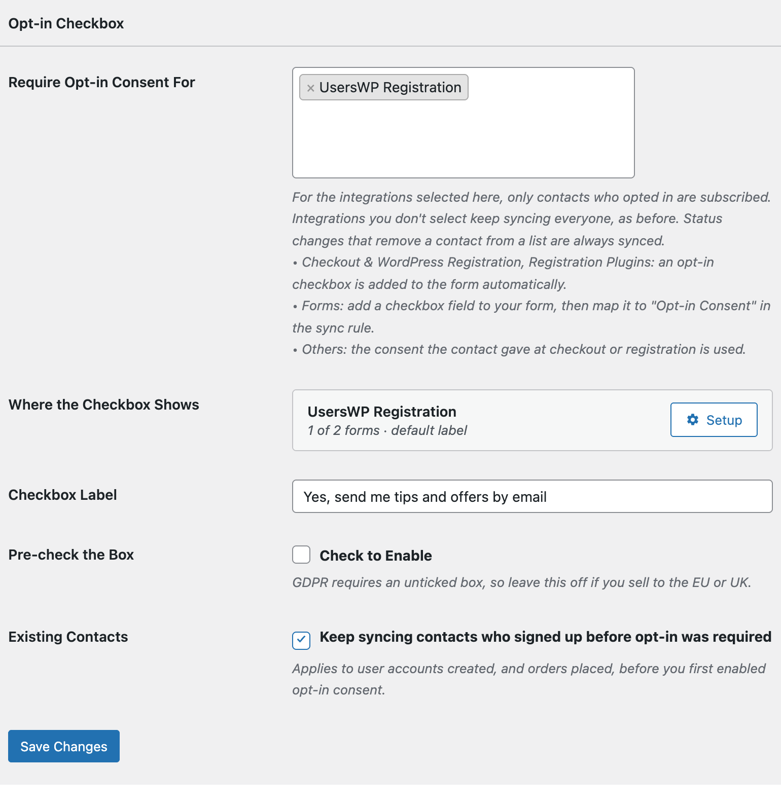 Opt-in Checkbox settings in FuseWP with UsersWP selected