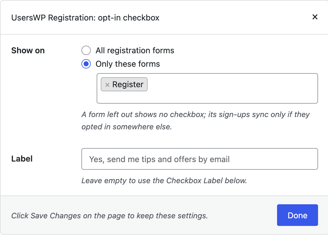 Setup popup for choosing which UsersWP forms show the opt-in checkbox