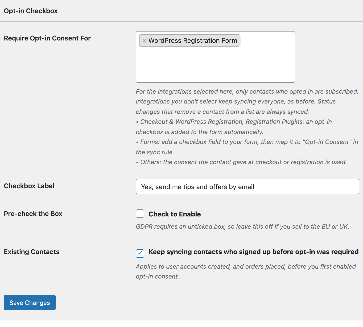 Opt-in Checkbox settings in FuseWP with WordPress Registration Form selected