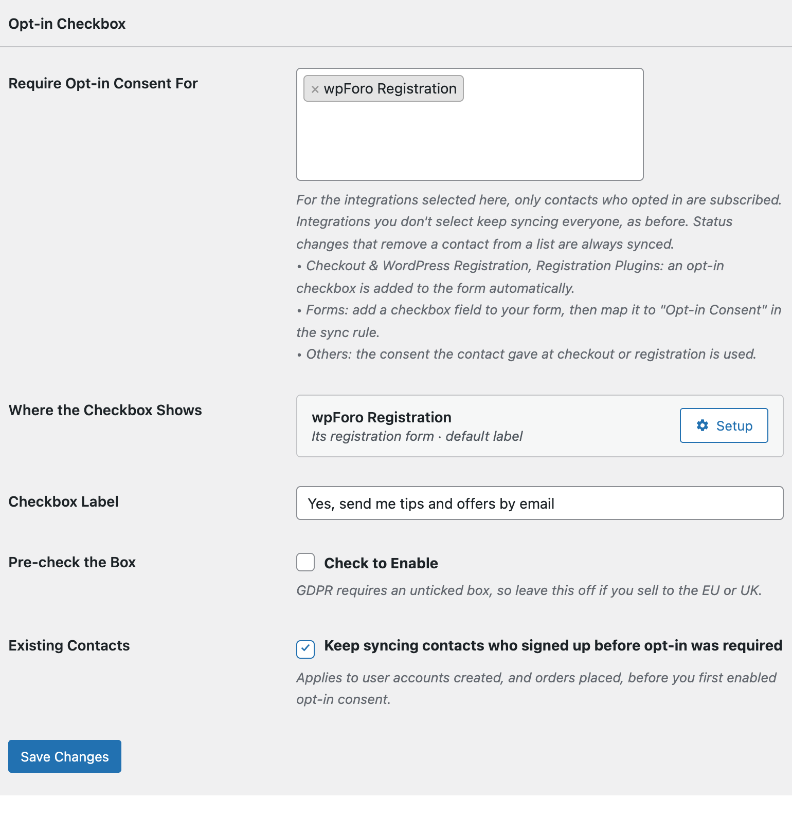 Opt-in Checkbox settings in FuseWP with wpForo selected